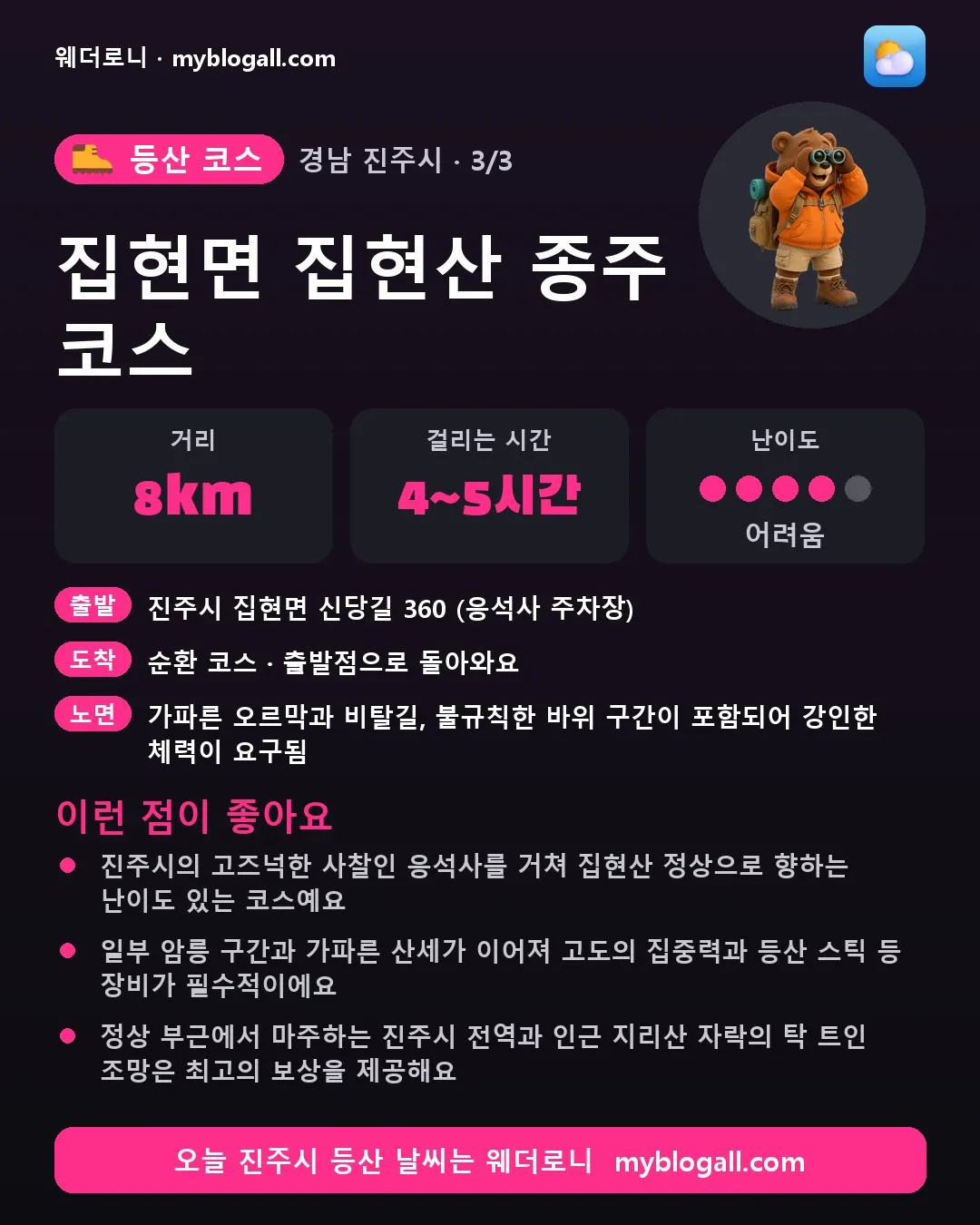진주시 등산 코스 · 집현면 집현산 종주 코스 — 8km · 4~5시간 · 난이도 4/5 — 진주시의 고즈넉한 사찰인 응석사를 거쳐 집현산 정상으로 향하는 난이도 있는 코스예요 — 일부 암릉 구간과 가파른 산세가 이어져 고도의 집중력과 등산 스틱 등 장비가 필수적이에요