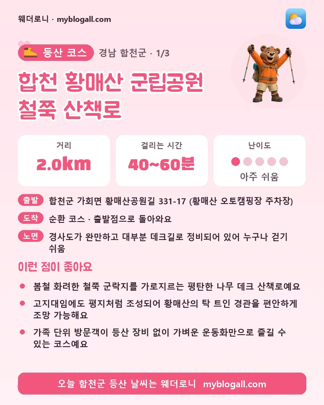 합천군 등산 코스 · 합천 황매산 군립공원 철쭉 산책로 — 2.0km · 40~60분 · 난이도 1/5 — 봄철 화려한 철쭉 군락지를 가로지르는 평탄한 나무 데크 산책로예요 — 고지대임에도 평지처럼 조성되어 황매산의 탁 트인 경관을 편안하게 조망 가능해요