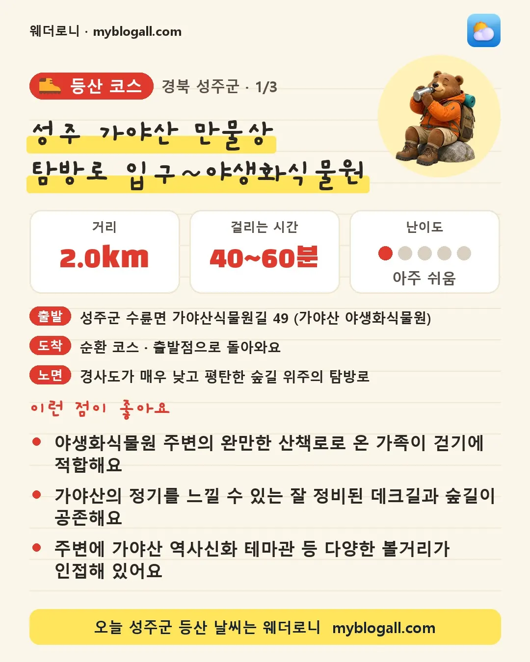 성주군 등산 코스 · 성주 가야산 만물상 탐방로 입구~야생화식물원 — 2.0km · 40~60분 · 난이도 1/5 — 야생화식물원 주변의 완만한 산책로로 온 가족이 걷기에 적합해요 — 가야산의 정기를 느낄 수 있는 잘 정비된 데크길과 숲길이 공존해요