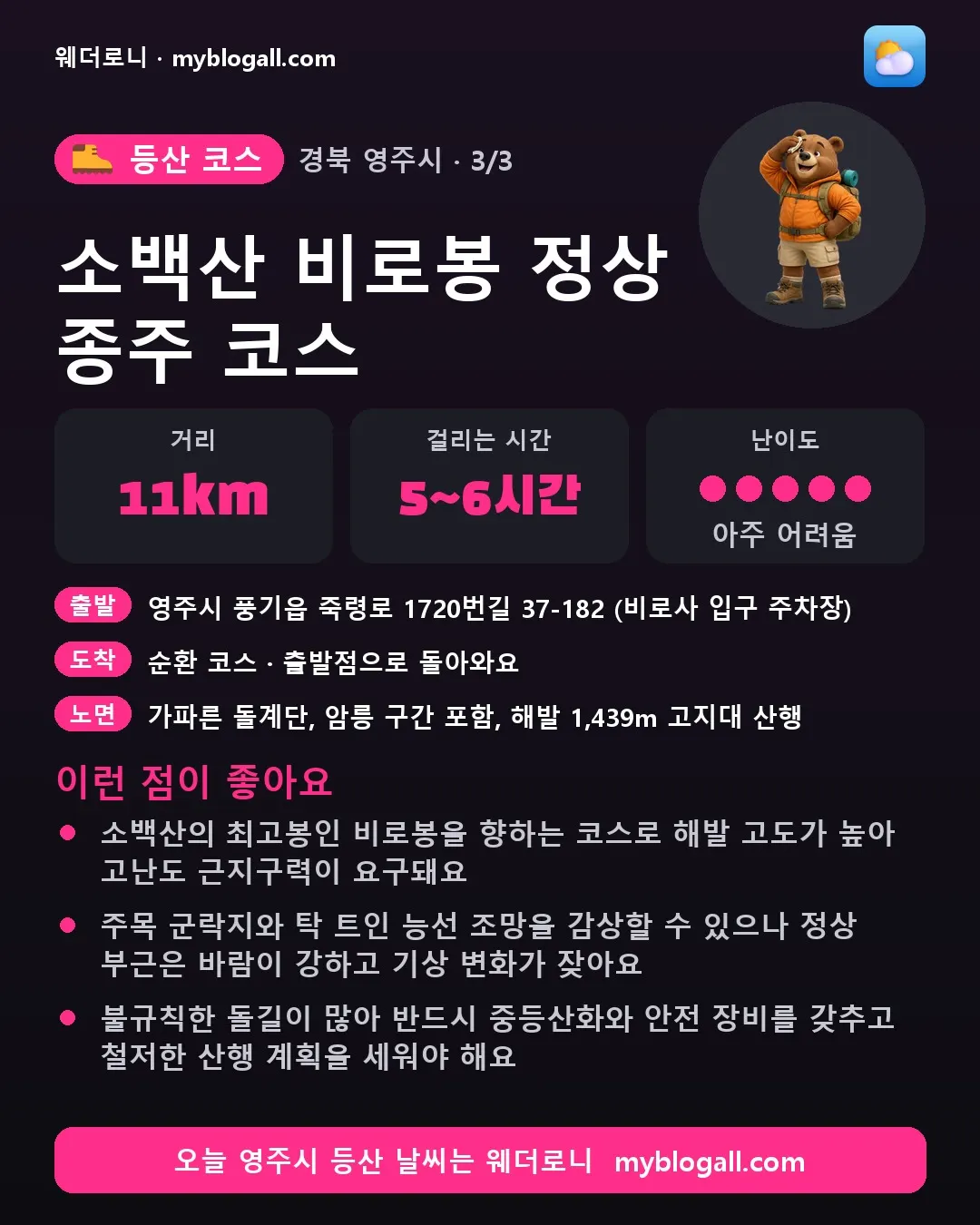 영주시 등산 코스 · 소백산 비로봉 정상 종주 코스 — 11km · 5~6시간 · 난이도 5/5 — 소백산의 최고봉인 비로봉을 향하는 코스로 해발 고도가 높아 고난도 근지구력이 요구돼요 — 주목 군락지와 탁 트인 능선 조망을 감상할 수 있으나 정상 부근은 바람이 강하고 기상 변화가 잦아요