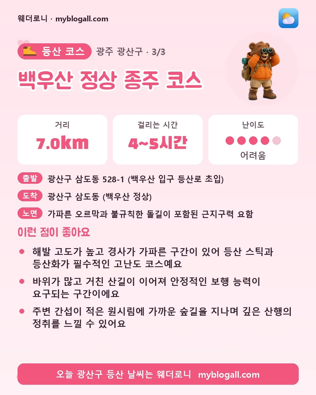 광산구 등산 코스 · 백우산 정상 종주 코스 — 7.0km · 4~5시간 · 난이도 4/5 — 해발 고도가 높고 경사가 가파른 구간이 있어 등산 스틱과 등산화가 필수적인 고난도 코스예요 — 바위가 많고 거친 산길이 이어져 안정적인 보행 능력이 요구되는 구간이에요