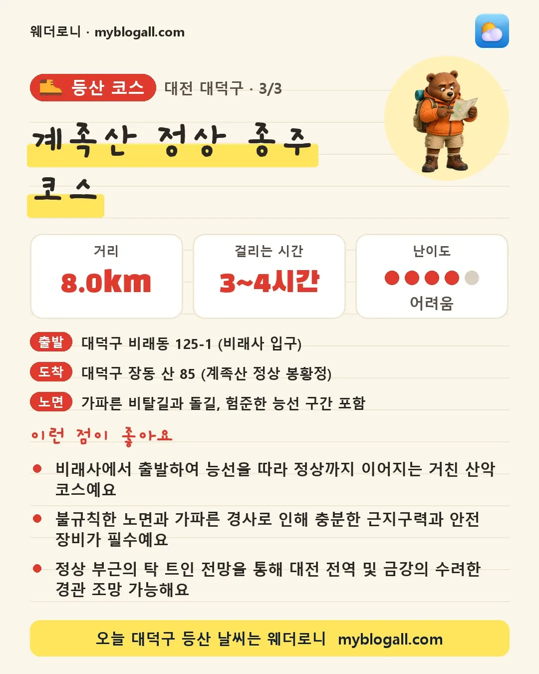 대덕구 등산 코스 · 계족산 정상 종주 코스 — 8.0km · 3~4시간 · 난이도 4/5 — 비래사에서 출발하여 능선을 따라 정상까지 이어지는 거친 산악 코스예요 — 불규칙한 노면과 가파른 경사로 인해 충분한 근지구력과 안전 장비가 필수예요
