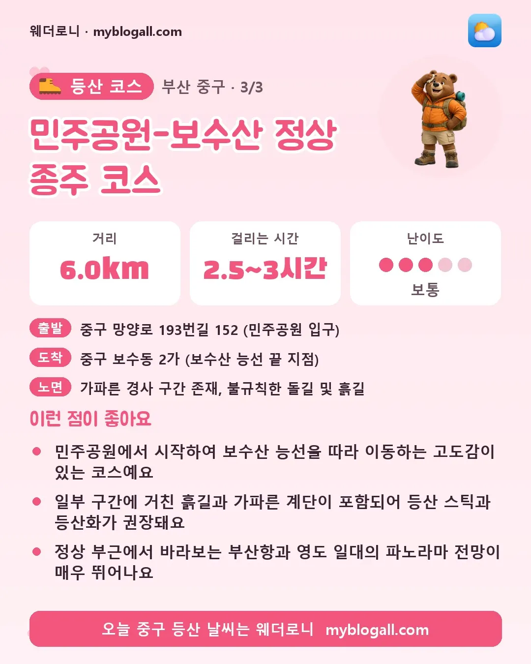 중구 등산 코스 · 민주공원-보수산 정상 종주 코스 — 6.0km · 2.5~3시간 · 난이도 3/5 — 민주공원에서 시작하여 보수산 능선을 따라 이동하는 고도감이 있는 코스예요 — 일부 구간에 거친 흙길과 가파른 계단이 포함되어 등산 스틱과 등산화가 권장돼요