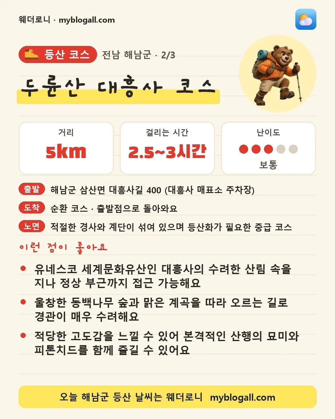 해남군 등산 코스 · 두륜산 대흥사 코스 — 5km · 2.5~3시간 · 난이도 3/5 — 유네스코 세계문화유산인 대흥사의 수려한 산림 속을 지나 정상 부근까지 접근 가능해요 — 울창한 동백나무 숲과 맑은 계곡을 따라 오르는 길로 경관이 매우 수려해요