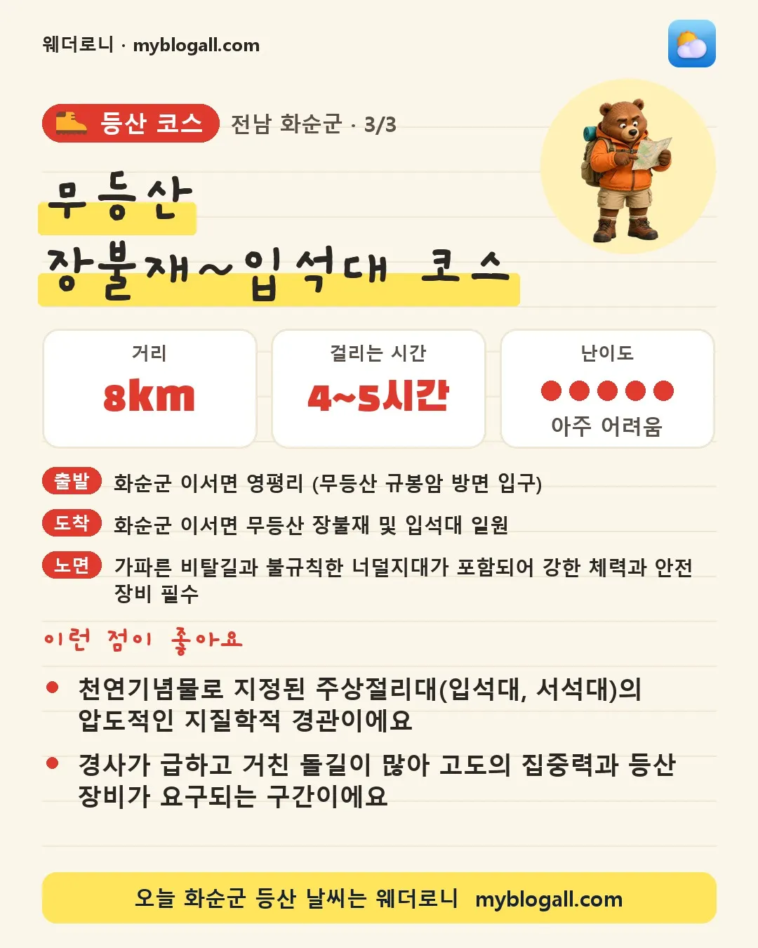 화순군 등산 코스 · 무등산 장불재~입석대 코스 — 8km · 4~5시간 · 난이도 5/5 — 천연기념물로 지정된 주상절리대(입석대, 서석대)의 압도적인 지질학적 경관이에요 — 경사가 급하고 거친 돌길이 많아 고도의 집중력과 등산 장비가 요구되는 구간이에요