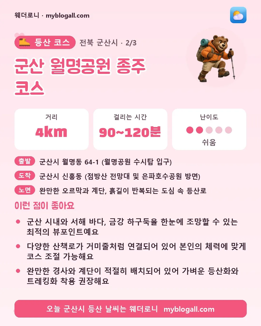 군산시 등산 코스 · 군산 월명공원 종주 코스 — 4km · 90~120분 · 난이도 2/5 — 군산 시내와 서해 바다, 금강 하구둑을 한눈에 조망할 수 있는 최적의 뷰포인트예요 — 다양한 산책로가 거미줄처럼 연결되어 있어 본인의 체력에 맞게 코스 조절 가능해요