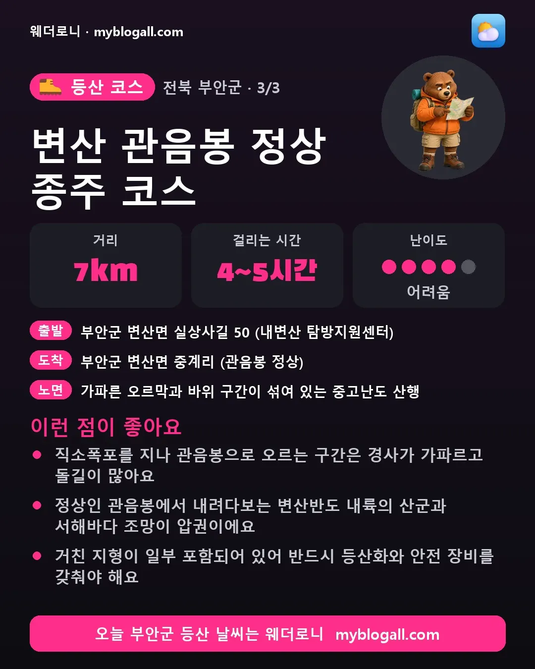 부안군 등산 코스 · 변산 관음봉 정상 종주 코스 — 7km · 4~5시간 · 난이도 4/5 — 직소폭포를 지나 관음봉으로 오르는 구간은 경사가 가파르고 돌길이 많아요 — 정상인 관음봉에서 내려다보는 변산반도 내륙의 산군과 서해바다 조망이 압권이에요