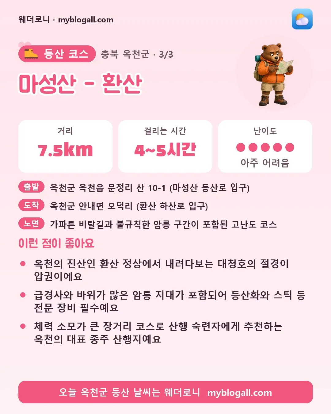옥천군 등산 코스 · 마성산 - 환산 — 7.5km · 4~5시간 · 난이도 5/5 — 옥천의 진산인 환산 정상에서 내려다보는 대청호의 절경이 압권이에요 — 급경사와 바위가 많은 암릉 지대가 포함되어 등산화와 스틱 등 전문 장비 필수예요