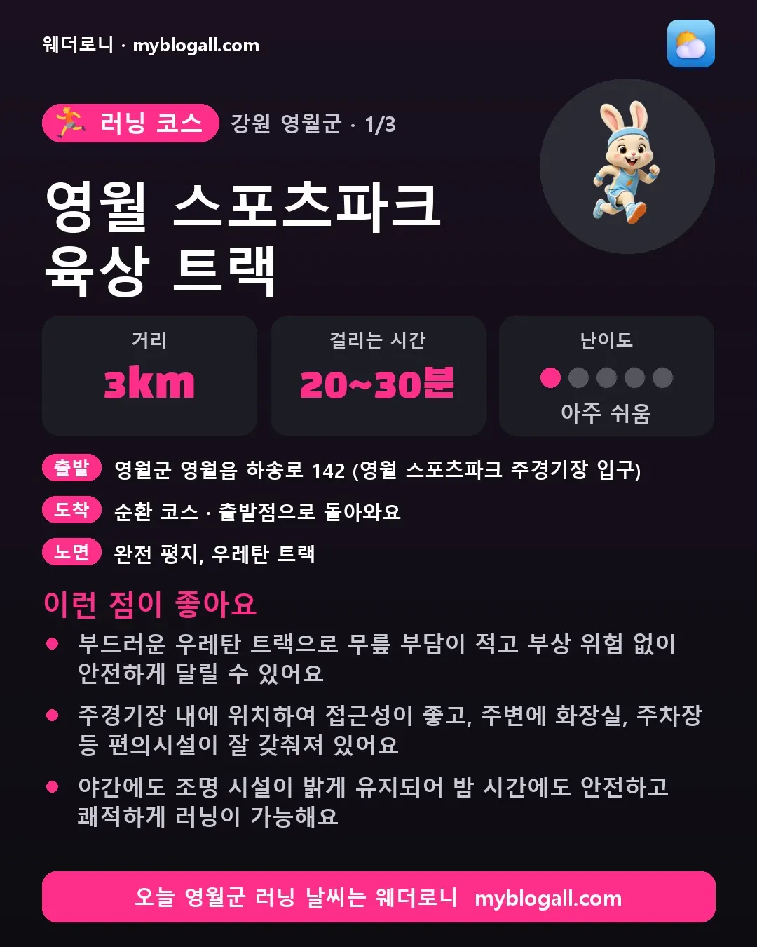 영월군 러닝 코스 · 영월 스포츠파크 육상 트랙 — 3km · 20~30분 · 난이도 1/5 — 부드러운 우레탄 트랙으로 무릎 부담이 적고 부상 위험 없이 안전하게 달릴 수 있어요 — 주경기장 내에 위치하여 접근성이 좋고, 주변에 화장실, 주차장 등 편의시설이 잘 갖춰져 있어요