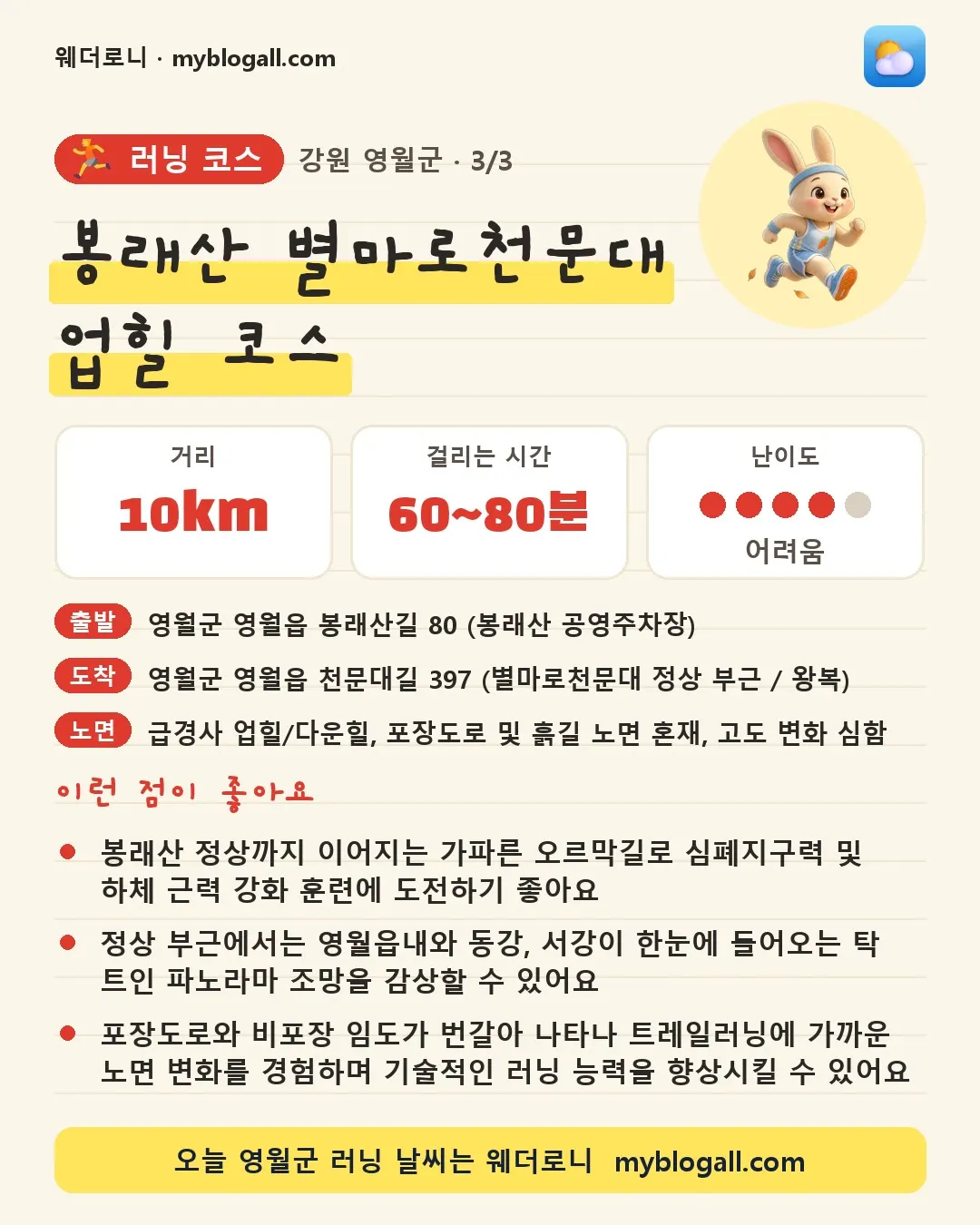 영월군 러닝 코스 · 봉래산 별마로천문대 업힐 코스 — 10km · 60~80분 · 난이도 4/5 — 봉래산 정상까지 이어지는 가파른 오르막길로 심폐지구력 및 하체 근력 강화 훈련에 도전하기 좋아요 — 정상 부근에서는 영월읍내와 동강, 서강이 한눈에 들어오는 탁 트인 파노라마 조망을 감상할 수 있어요