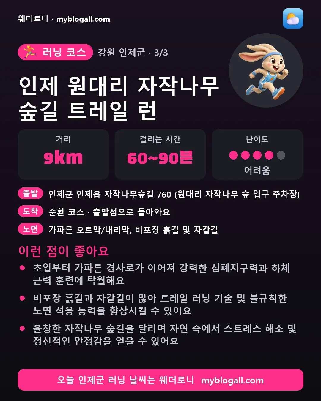 인제군 러닝 코스 · 인제 원대리 자작나무 숲길 트레일 런 — 9km · 60~90분 · 난이도 4/5 — 초입부터 가파른 경사로가 이어져 강력한 심폐지구력과 하체 근력 훈련에 탁월해요 — 비포장 흙길과 자갈길이 많아 트레일 러닝 기술 및 불규칙한 노면 적응 능력을 향상시킬 수 있어요