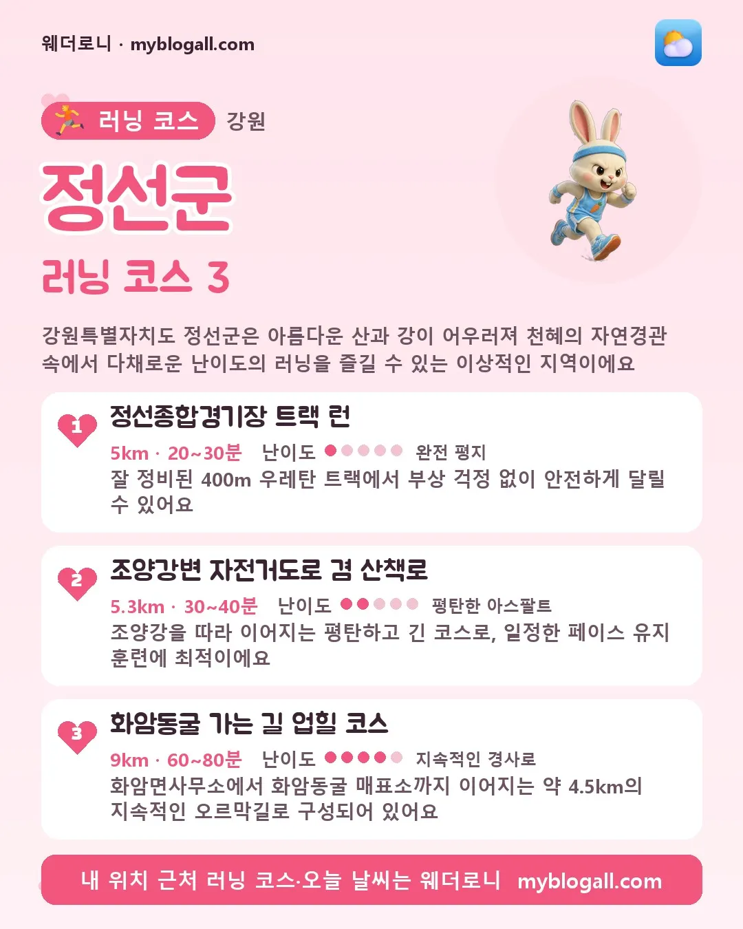 정선군 러닝 코스 3 — 강원특별자치도 정선군은 아름다운 산과 강이 어우러져 천혜의 자연경관 속에서 다채로운 난이도의 러닝을 즐길 수 있는 이상적인 지역이에요 — 1. 정선종합경기장 트랙 런 (5km · 20~30분 · 난이도 1/5) — 잘 정비된 400m 우레탄 트랙에서 부상 걱정 없이 안전하게 달릴 수 있어요