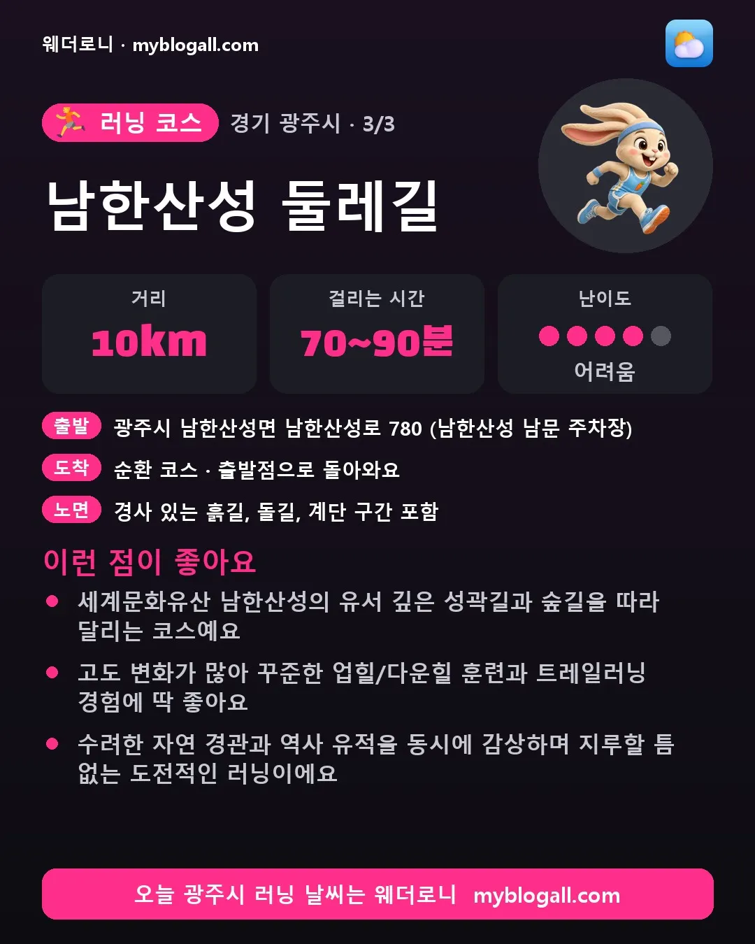 광주시 러닝 코스 · 남한산성 둘레길 — 10km · 70~90분 · 난이도 4/5 — 세계문화유산 남한산성의 유서 깊은 성곽길과 숲길을 따라 달리는 코스예요 — 고도 변화가 많아 꾸준한 업힐/다운힐 훈련과 트레일러닝 경험에 딱 좋아요