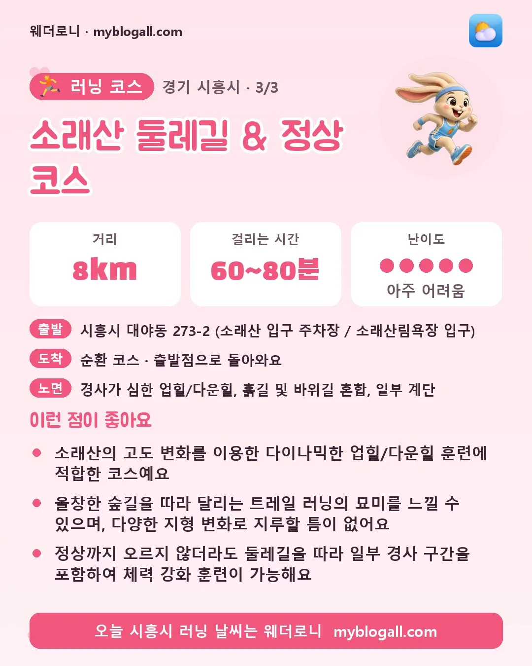 시흥시 러닝 코스 · 소래산 둘레길 & 정상 코스 — 8km · 60~80분 · 난이도 5/5 — 소래산의 고도 변화를 이용한 다이나믹한 업힐/다운힐 훈련에 적합한 코스예요 — 울창한 숲길을 따라 달리는 트레일 러닝의 묘미를 느낄 수 있으며, 다양한 지형 변화로 지루할 틈이 없어요