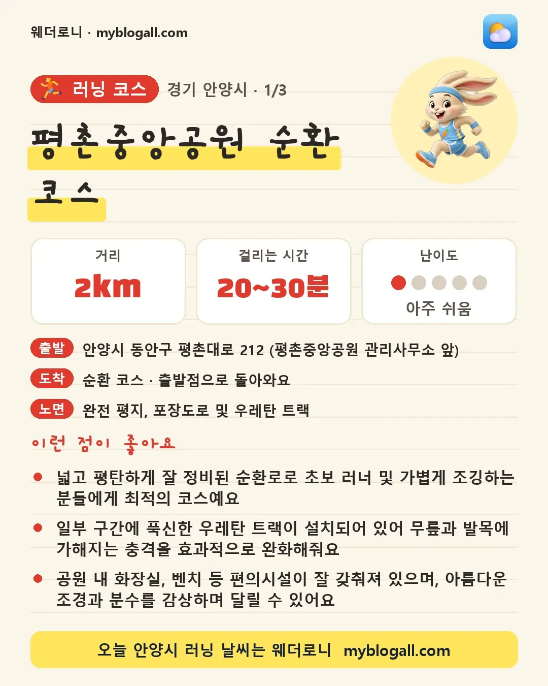 안양시 러닝 코스 · 평촌중앙공원 순환 코스 — 2km · 20~30분 · 난이도 1/5 — 넓고 평탄하게 잘 정비된 순환로로 초보 러너 및 가볍게 조깅하는 분들에게 최적의 코스예요 — 일부 구간에 푹신한 우레탄 트랙이 설치되어 있어 무릎과 발목에 가해지는 충격을 효과적으로 완화해줘요