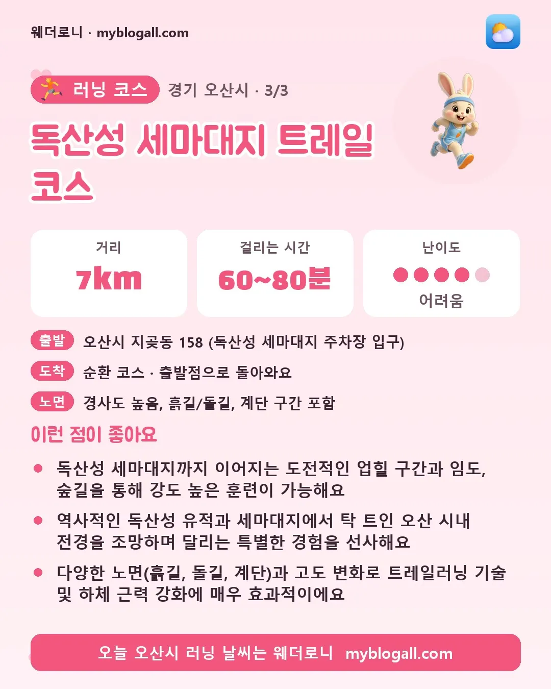 오산시 러닝 코스 · 독산성 세마대지 트레일 코스 — 7km · 60~80분 · 난이도 4/5 — 독산성 세마대지까지 이어지는 도전적인 업힐 구간과 임도, 숲길을 통해 강도 높은 훈련이 가능해요 — 역사적인 독산성 유적과 세마대지에서 탁 트인 오산 시내 전경을 조망하며 달리는 특별한 경험을 선사해요