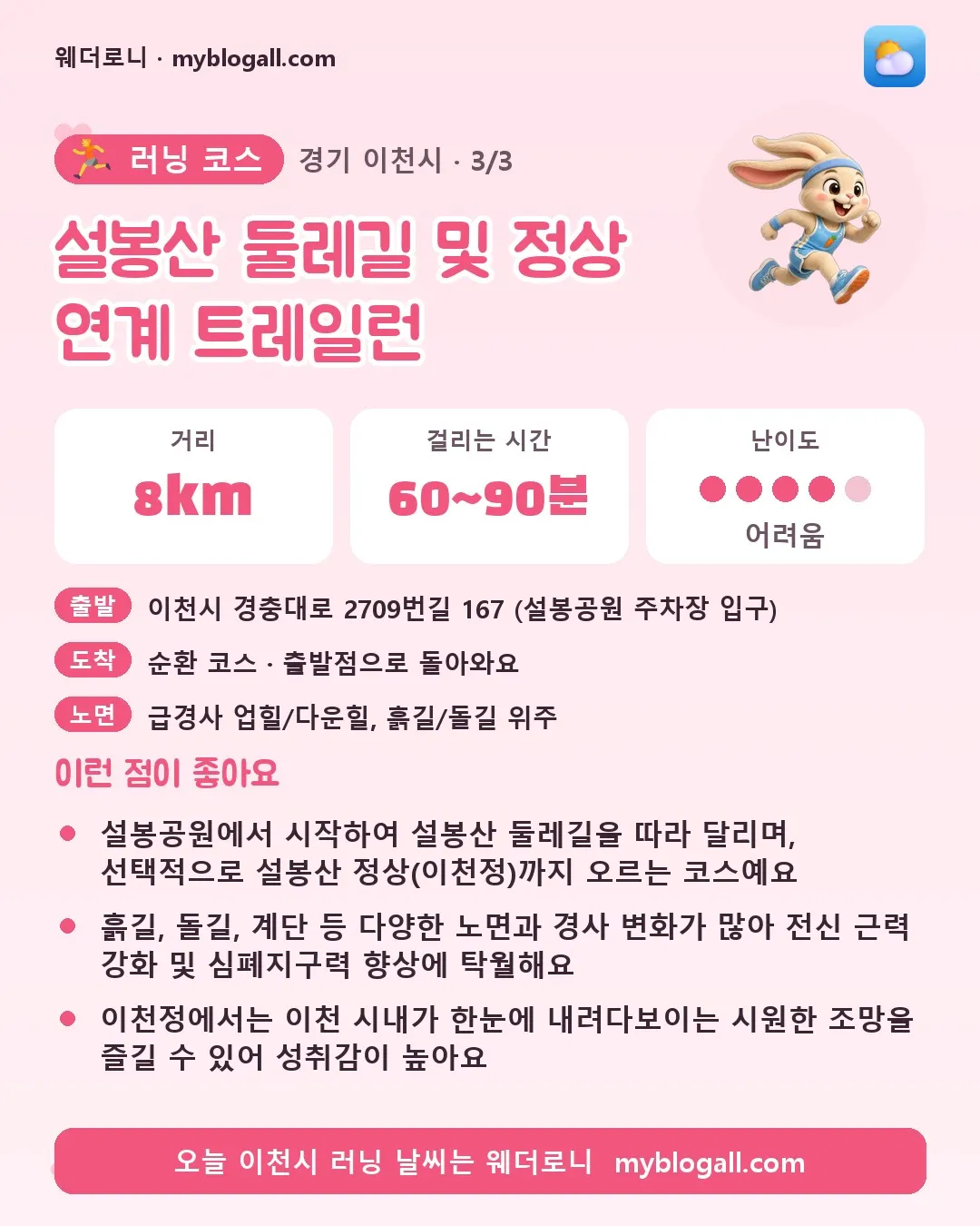 이천시 러닝 코스 · 설봉산 둘레길 및 정상 연계 트레일런 — 8km · 60~90분 · 난이도 4/5 — 설봉공원에서 시작하여 설봉산 둘레길을 따라 달리며, 선택적으로 설봉산 정상(이천정)까지 오르는 코스예요 — 흙길, 돌길, 계단 등 다양한 노면과 경사 변화가 많아 전신 근력 강화 및 심폐지구력 향상에 탁월해요