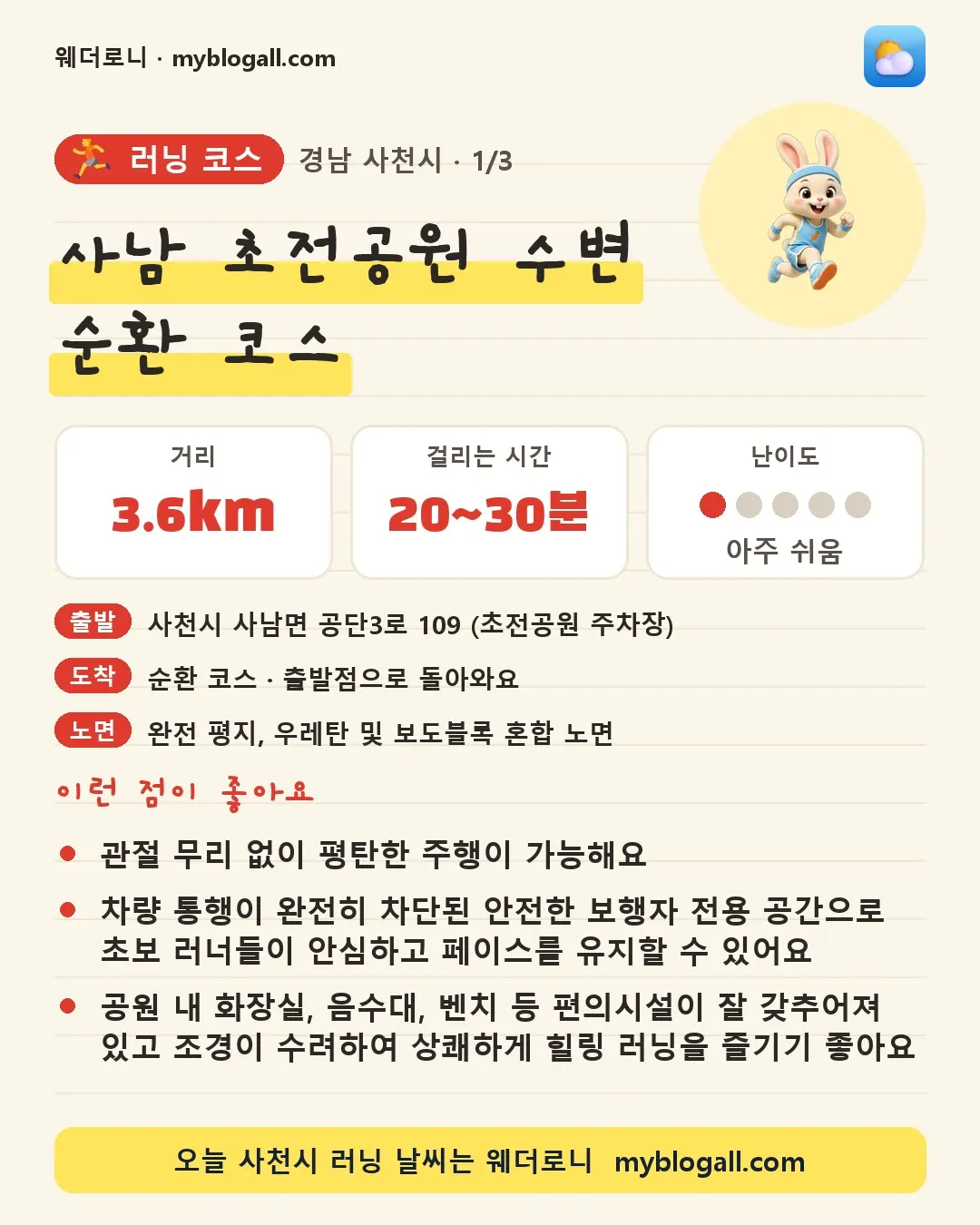 사천시 러닝 코스 · 사남 초전공원 수변 순환 코스 — 3.6km · 20~30분 · 난이도 1/5 — 관절 무리 없이 평탄한 주행이 가능해요 — 차량 통행이 완전히 차단된 안전한 보행자 전용 공간으로 초보 러너들이 안심하고 페이스를 유지할 수 있어요