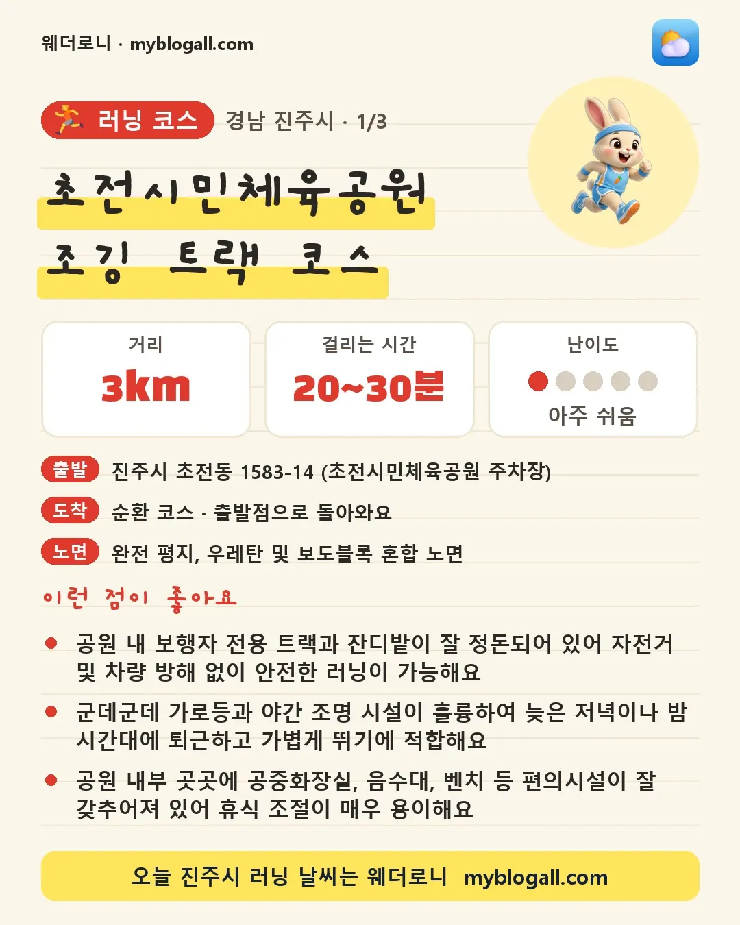 진주시 러닝 코스 · 초전시민체육공원 조깅 트랙 코스 — 3km · 20~30분 · 난이도 1/5 — 공원 내 보행자 전용 트랙과 잔디밭이 잘 정돈되어 있어 자전거 및 차량 방해 없이 안전한 러닝이 가능해요 — 군데군데 가로등과 야간 조명 시설이 훌륭하여 늦은 저녁이나 밤 시간대에 퇴근하고 가볍게 뛰기에 적합해요