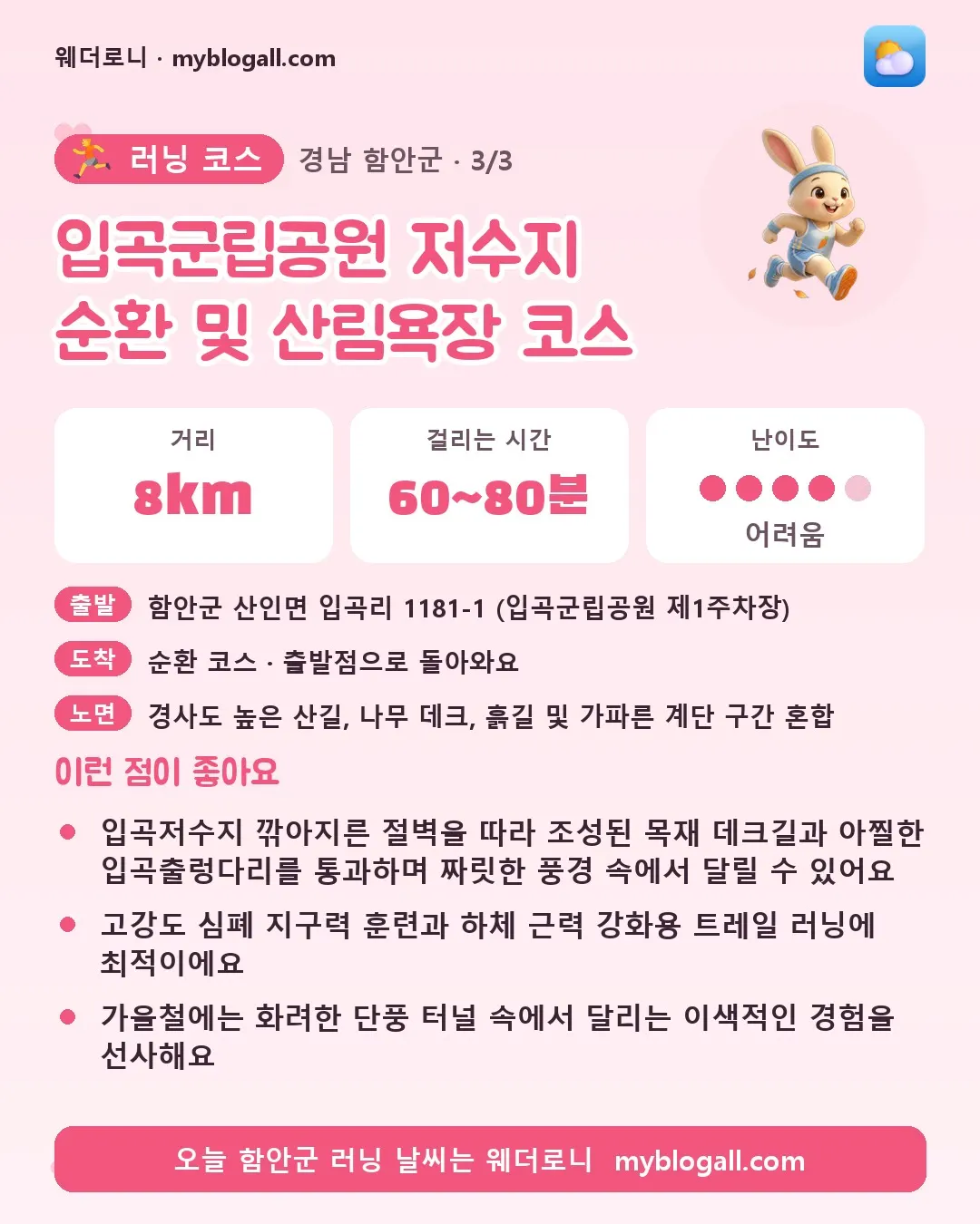 함안군 러닝 코스 · 입곡군립공원 저수지 순환 및 산림욕장 코스 — 8km · 60~80분 · 난이도 4/5 — 입곡저수지 깎아지른 절벽을 따라 조성된 목재 데크길과 아찔한 입곡출렁다리를 통과하며 짜릿한 풍경 속에서 달릴 수 있어요 — 고강도 심폐 지구력 훈련과 하체 근력 강화용 트레일 러닝에 최적이에요