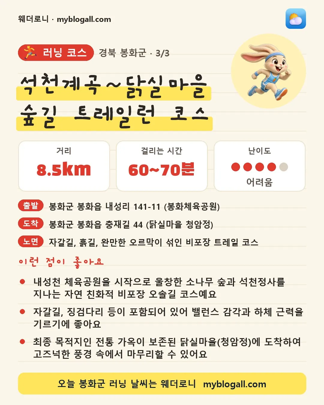봉화군 러닝 코스 · 석천계곡~닭실마을 숲길 트레일런 코스 — 8.5km · 60~70분 · 난이도 4/5 — 내성천 체육공원을 시작으로 울창한 소나무 숲과 석천정사를 지나는 자연 친화적 비포장 오솔길 코스예요 — 자갈길, 징검다리 등이 포함되어 있어 밸런스 감각과 하체 근력을 기르기에 좋아요