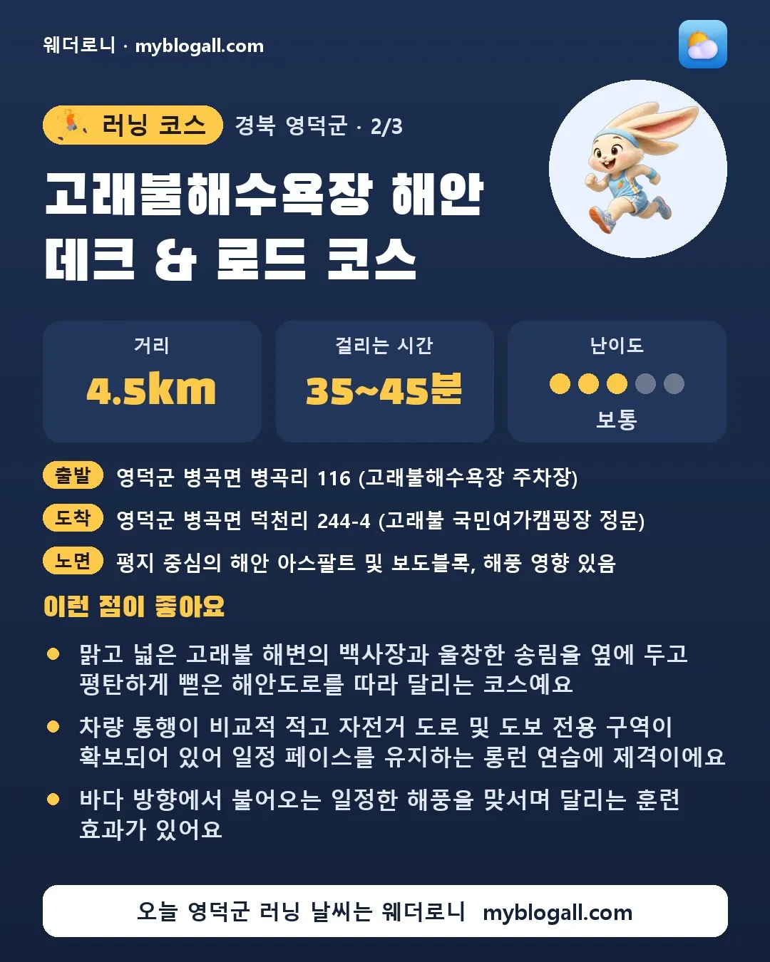 영덕군 러닝 코스 · 고래불해수욕장 해안 데크 & 로드 코스 — 4.5km · 35~45분 · 난이도 3/5 — 맑고 넓은 고래불 해변의 백사장과 울창한 송림을 옆에 두고 평탄하게 뻗은 해안도로를 따라 달리는 코스예요 — 차량 통행이 비교적 적고 자전거 도로 및 도보 전용 구역이 확보되어 있어 일정 페이스를 유지하는 롱런 연습에 제격이에요