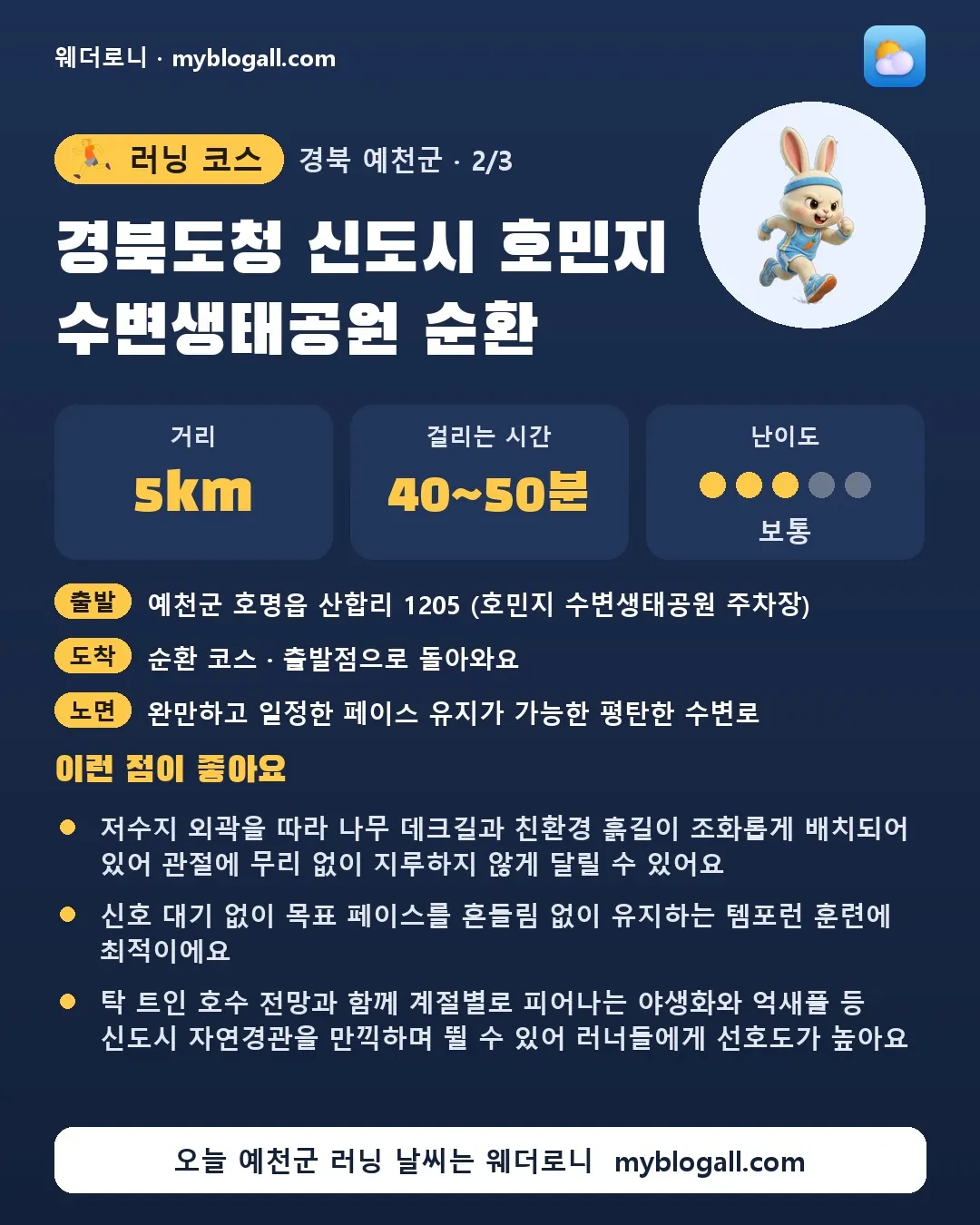 예천군 러닝 코스 · 경북도청 신도시 호민지 수변생태공원 순환 — 5km · 40~50분 · 난이도 3/5 — 저수지 외곽을 따라 나무 데크길과 친환경 흙길이 조화롭게 배치되어 있어 관절에 무리 없이 지루하지 않게 달릴 수 있어요 — 신호 대기 없이 목표 페이스를 흔들림 없이 유지하는 템포런 훈련에 최적이에요