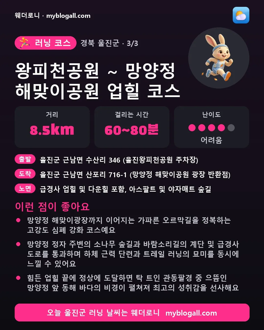 울진군 러닝 코스 · 왕피천공원 ~ 망양정 해맞이공원 업힐 코스 — 8.5km · 60~80분 · 난이도 4/5 — 망양정 해맞이광장까지 이어지는 가파른 오르막길을 정복하는 고강도 심폐 강화 코스예요 — 망양정 정자 주변의 소나무 숲길과 바람소리길의 계단 및 급경사 도로를 통과하며 하체 근력 단련과 트레일 러닝의 묘미를 동시에 느낄 수 있어요