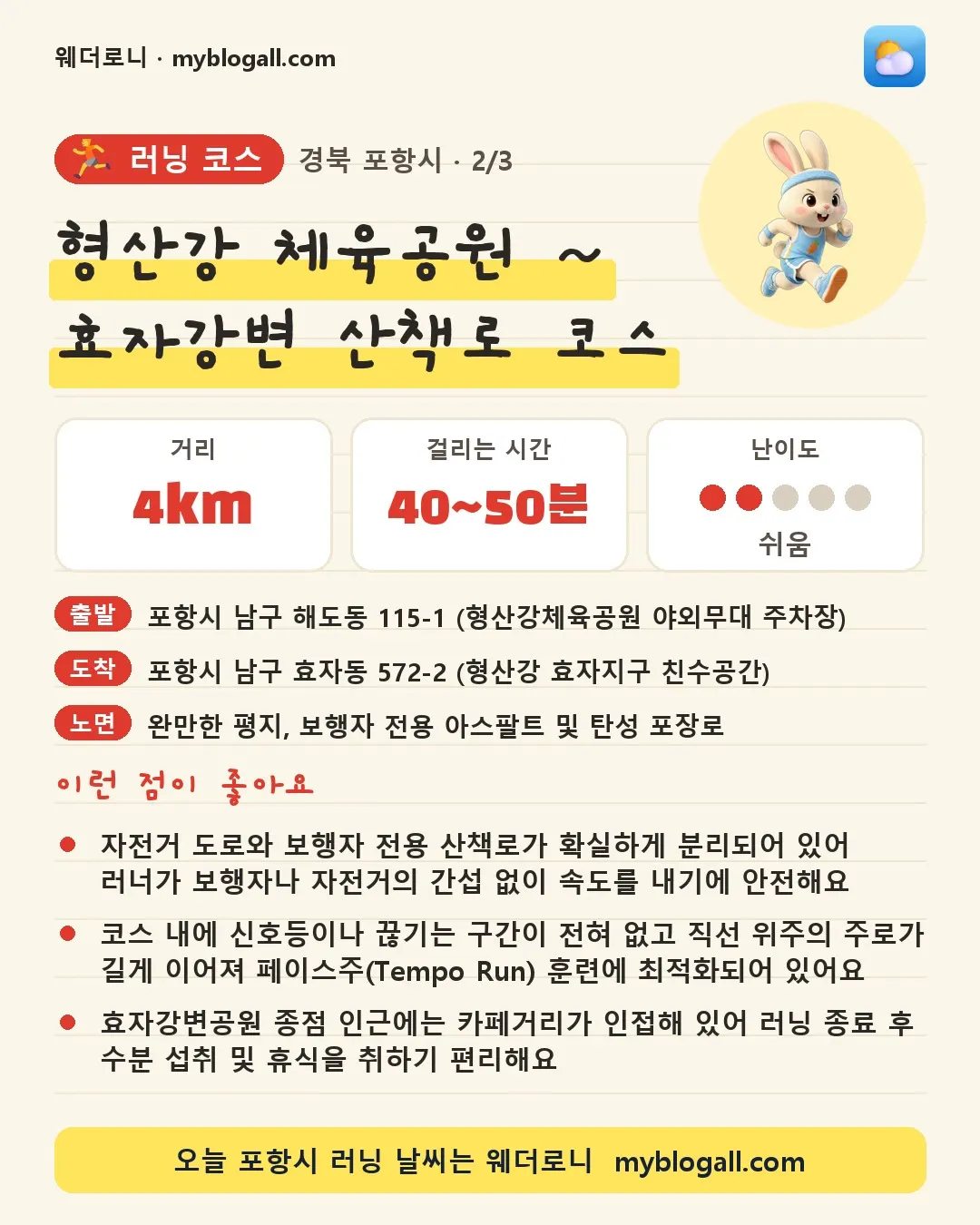 포항시 러닝 코스 · 형산강 체육공원 ~ 효자강변 산책로 코스 — 4km · 40~50분 · 난이도 2/5 — 자전거 도로와 보행자 전용 산책로가 확실하게 분리되어 있어 러너가 보행자나 자전거의 간섭 없이 속도를 내기에 안전해요 — 코스 내에 신호등이나 끊기는 구간이 전혀 없고 직선 위주의 주로가 길게 이어져 페이스주(Tempo Run) 훈련에 최적화되어 있어요