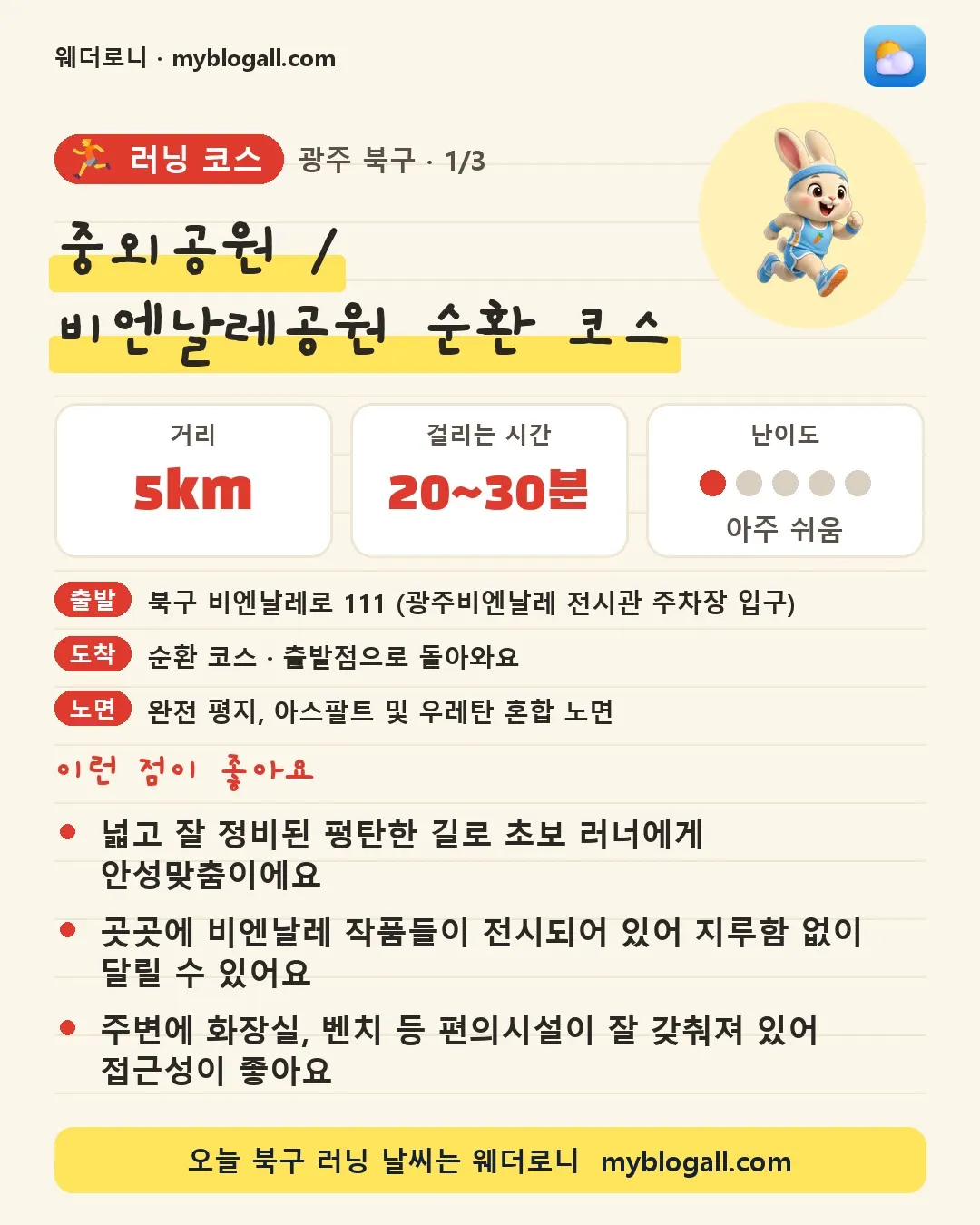 북구 러닝 코스 · 중외공원 / 비엔날레공원 순환 코스 — 5km · 20~30분 · 난이도 1/5 — 넓고 잘 정비된 평탄한 길로 초보 러너에게 안성맞춤이에요 — 곳곳에 비엔날레 작품들이 전시되어 있어 지루함 없이 달릴 수 있어요