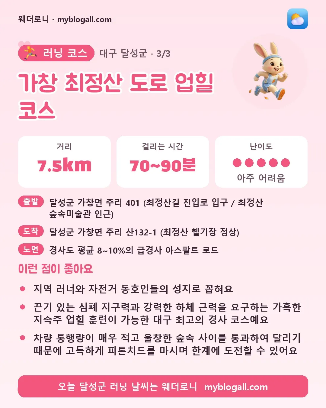 달성군 러닝 코스 · 가창 최정산 도로 업힐 코스 — 7.5km · 70~90분 · 난이도 5/5 — 지역 러너와 자전거 동호인들의 성지로 꼽혀요 — 끈기 있는 심폐 지구력과 강력한 하체 근력을 요구하는 가혹한 지속주 업힐 훈련이 가능한 대구 최고의 경사 코스예요