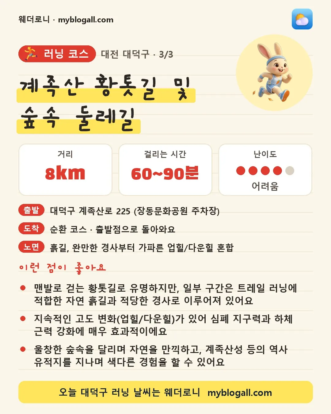 대덕구 러닝 코스 · 계족산 황톳길 및 숲속 둘레길 — 8km · 60~90분 · 난이도 4/5 — 맨발로 걷는 황톳길로 유명하지만, 일부 구간은 트레일 러닝에 적합한 자연 흙길과 적당한 경사로 이루어져 있어요 — 지속적인 고도 변화(업힐/다운힐)가 있어 심폐 지구력과 하체 근력 강화에 매우 효과적이에요