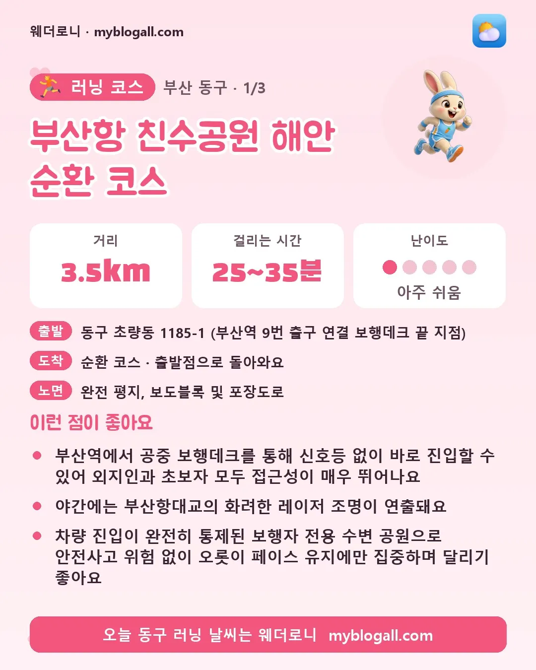 동구 러닝 코스 · 부산항 친수공원 해안 순환 코스 — 3.5km · 25~35분 · 난이도 1/5 — 부산역에서 공중 보행데크를 통해 신호등 없이 바로 진입할 수 있어 외지인과 초보자 모두 접근성이 매우 뛰어나요 — 야간에는 부산항대교의 화려한 레이저 조명이 연출돼요