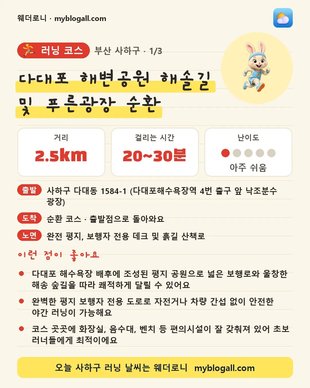 사하구 러닝 코스 · 다대포 해변공원 해솔길 및 푸른광장 순환 — 2.5km · 20~30분 · 난이도 1/5 — 다대포 해수욕장 배후에 조성된 평지 공원으로 넓은 보행로와 울창한 해송 숲길을 따라 쾌적하게 달릴 수 있어요 — 완벽한 평지 보행자 전용 도로로 자전거나 차량 간섭 없이 안전한 야간 러닝이 가능해요