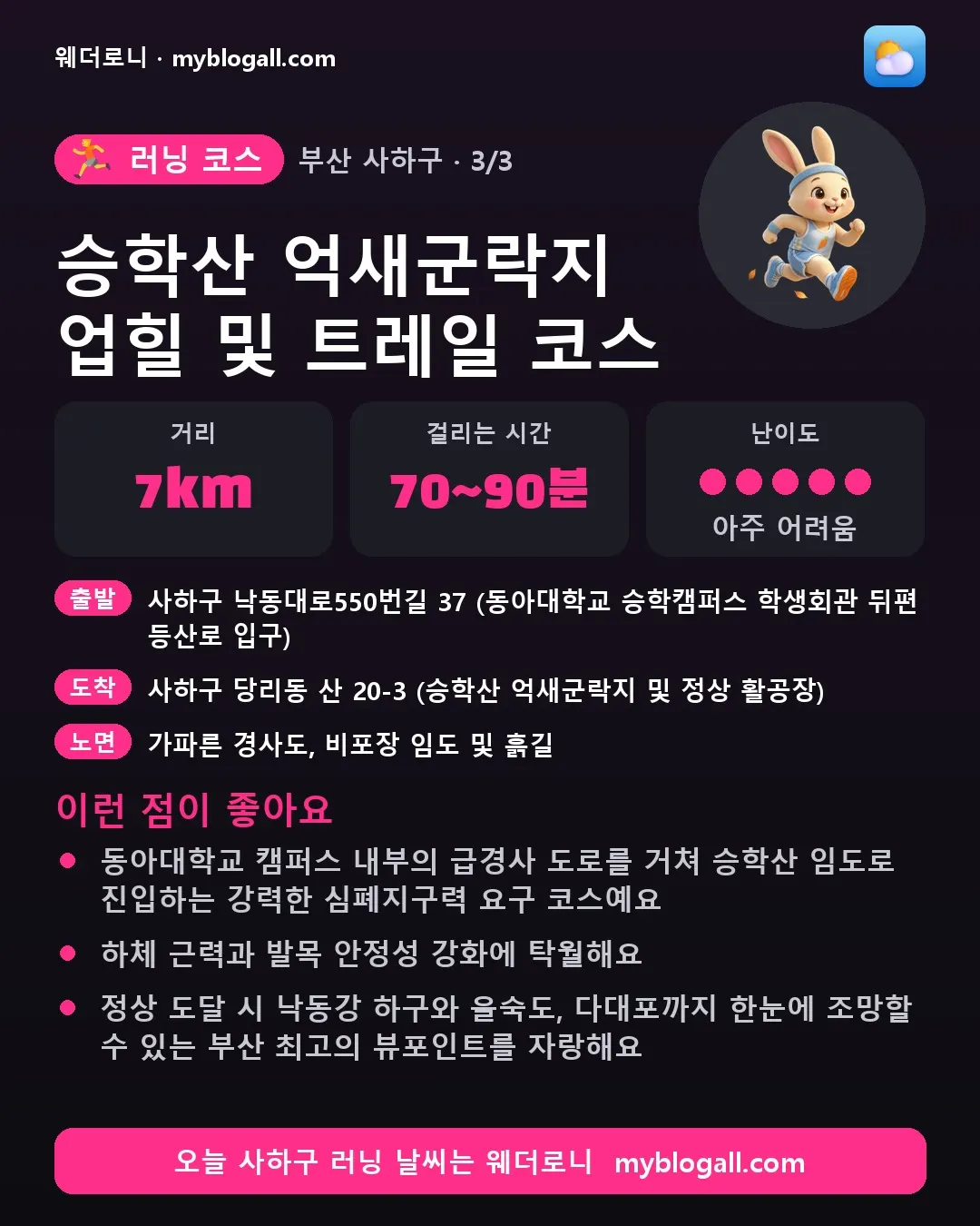 사하구 러닝 코스 · 승학산 억새군락지 업힐 및 트레일 코스 — 7km · 70~90분 · 난이도 5/5 — 동아대학교 캠퍼스 내부의 급경사 도로를 거쳐 승학산 임도로 진입하는 강력한 심폐지구력 요구 코스예요 — 하체 근력과 발목 안정성 강화에 탁월해요