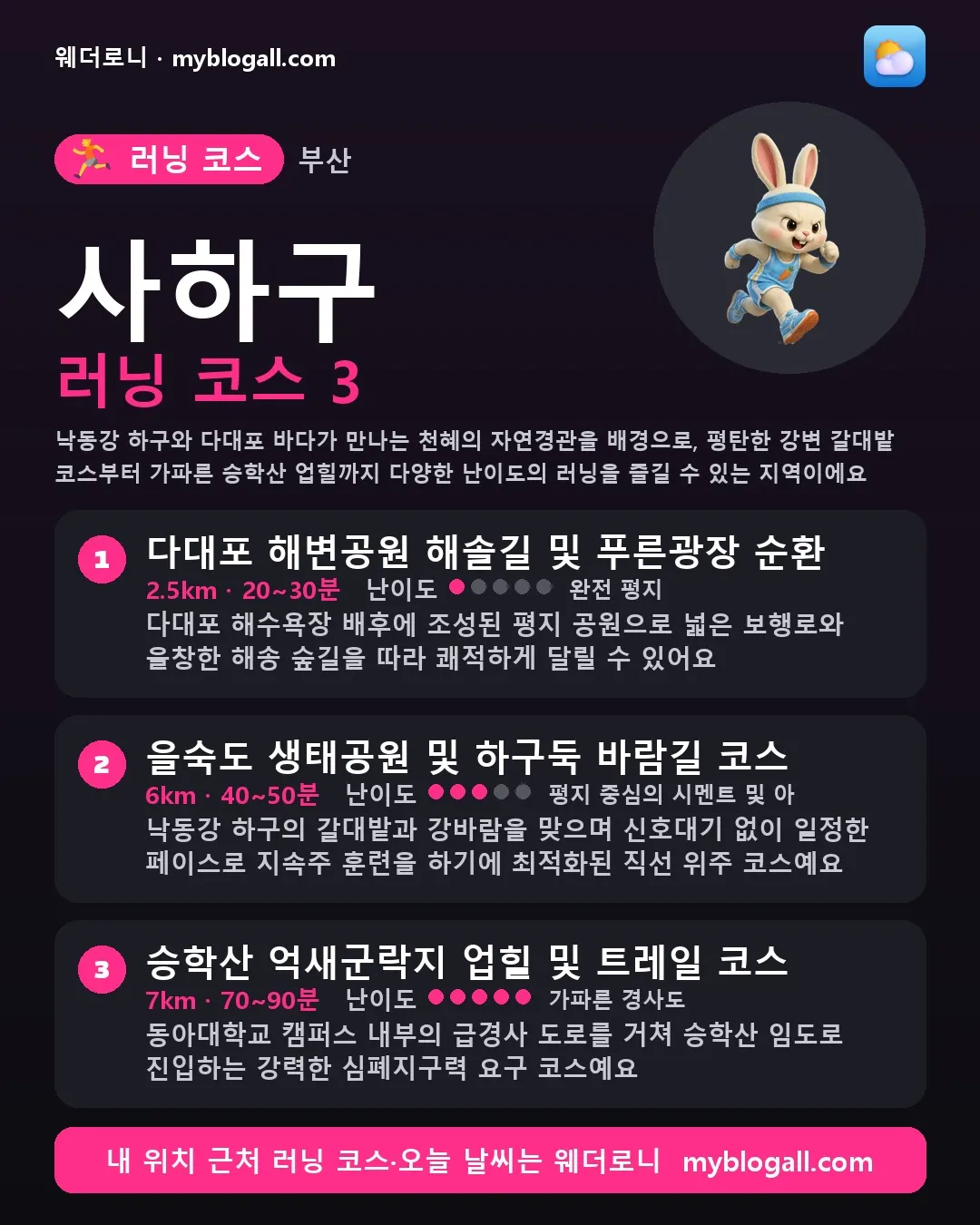 사하구 러닝 코스 3 — 낙동강 하구와 다대포 바다가 만나는 천혜의 자연경관을 배경으로, 평탄한 강변 갈대밭 코스부터 가파른 승학산 업힐까지 다양한 난이도의 러닝을 즐길 수 있는 지역이에요 — 1. 다대포 해변공원 해솔길 및 푸른광장 순환 (2.5km · 20~30분 · 난이도 1/5) — 다대포 해수욕장 배후에 조성된 평지 공원으로 넓은 보행로와 울창한 해송 숲길을 따라 쾌적하게 달릴 수 
