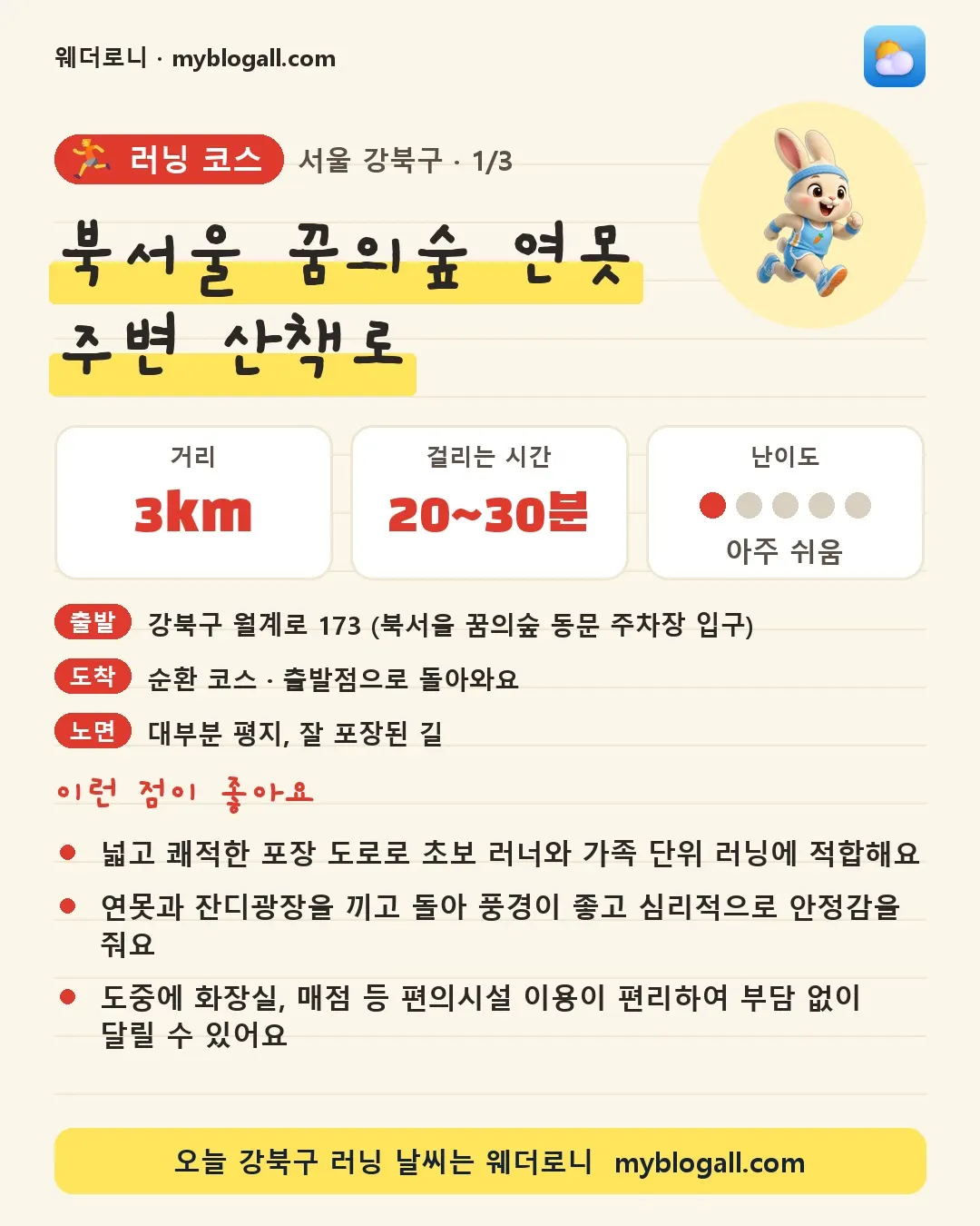 강북구 러닝 코스 · 북서울 꿈의숲 연못 주변 산책로 — 3km · 20~30분 · 난이도 1/5 — 넓고 쾌적한 포장 도로로 초보 러너와 가족 단위 러닝에 적합해요 — 연못과 잔디광장을 끼고 돌아 풍경이 좋고 심리적으로 안정감을 줘요