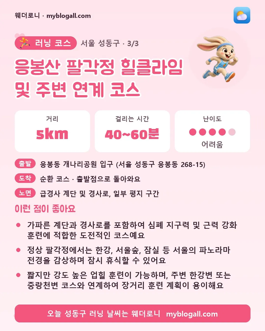 성동구 러닝 코스 · 응봉산 팔각정 힐클라임 및 주변 연계 코스 — 5km · 40~60분 · 난이도 4/5 — 가파른 계단과 경사로를 포함하여 심폐 지구력 및 근력 강화 훈련에 적합한 도전적인 코스예요 — 정상 팔각정에서는 한강, 서울숲, 잠실 등 서울의 파노라마 전경을 감상하며 잠시 휴식할 수 있어요