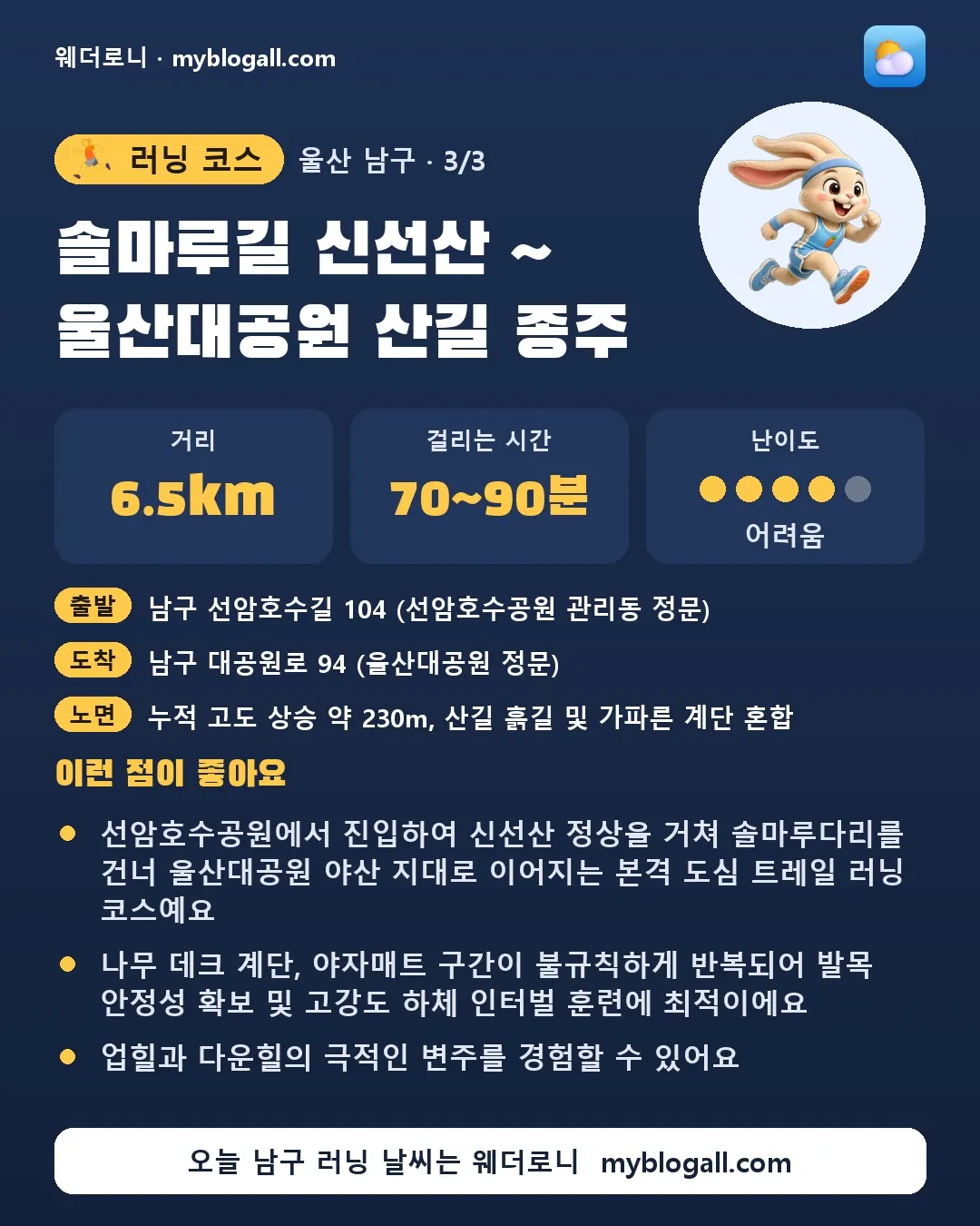 남구 러닝 코스 · 솔마루길 신선산 ~ 울산대공원 산길 종주 — 6.5km · 70~90분 · 난이도 4/5 — 선암호수공원에서 진입하여 신선산 정상을 거쳐 솔마루다리를 건너 울산대공원 야산 지대로 이어지는 본격 도심 트레일 러닝 코스예요 — 나무 데크 계단, 야자매트 구간이 불규칙하게 반복되어 발목 안정성 확보 및 고강도 하체 인터벌 훈련에 최적이에요