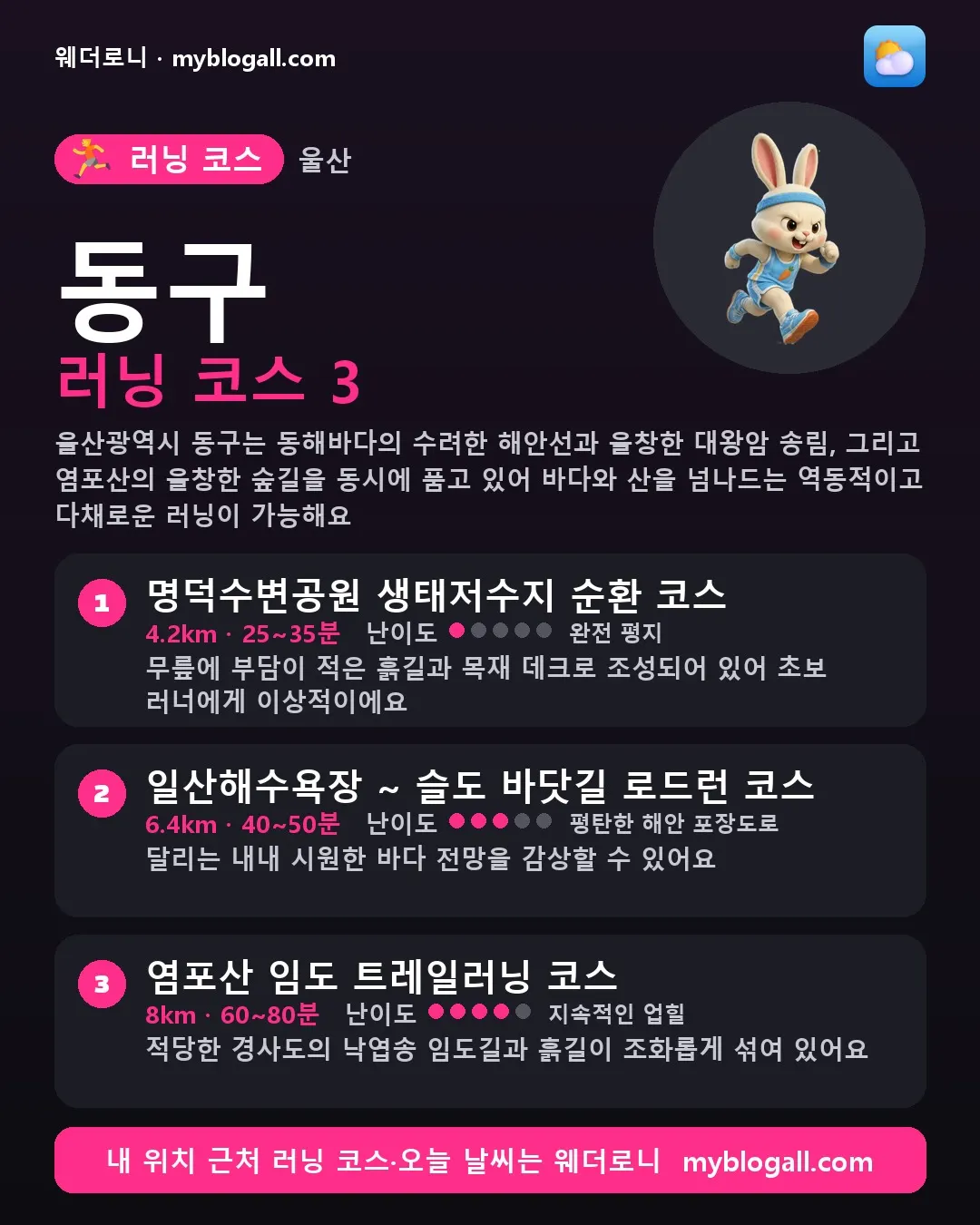 동구 러닝 코스 3 — 울산광역시 동구는 동해바다의 수려한 해안선과 울창한 대왕암 송림, 그리고 염포산의 울창한 숲길을 동시에 품고 있어 바다와 산을 넘나드는 역동적이고 다채로운 러닝이 가능해요 — 1. 명덕수변공원 생태저수지 순환 코스 (4.2km · 25~35분 · 난이도 1/5) — 무릎에 부담이 적은 흙길과 목재 데크로 조성되어 있어 초보 러너에게 이상적이에요