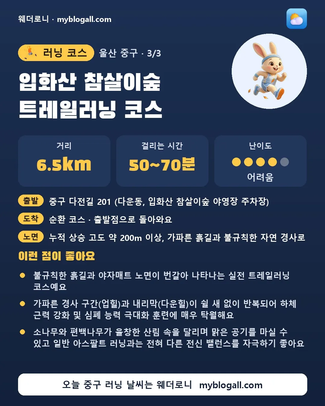 중구 러닝 코스 · 입화산 참살이숲 트레일러닝 코스 — 6.5km · 50~70분 · 난이도 4/5 — 불규칙한 흙길과 야자매트 노면이 번갈아 나타나는 실전 트레일러닝 코스예요 — 가파른 경사 구간(업힐)과 내리막(다운힐)이 쉴 새 없이 반복되어 하체 근력 강화 및 심폐 능력 극대화 훈련에 매우 탁월해요