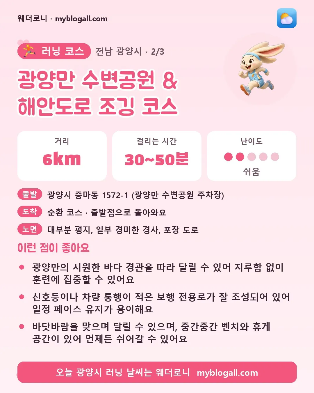 광양시 러닝 코스 · 광양만 수변공원 & 해안도로 조깅 코스 — 6km · 30~50분 · 난이도 2/5 — 광양만의 시원한 바다 경관을 따라 달릴 수 있어 지루함 없이 훈련에 집중할 수 있어요 — 신호등이나 차량 통행이 적은 보행 전용로가 잘 조성되어 있어 일정 페이스 유지가 용이해요