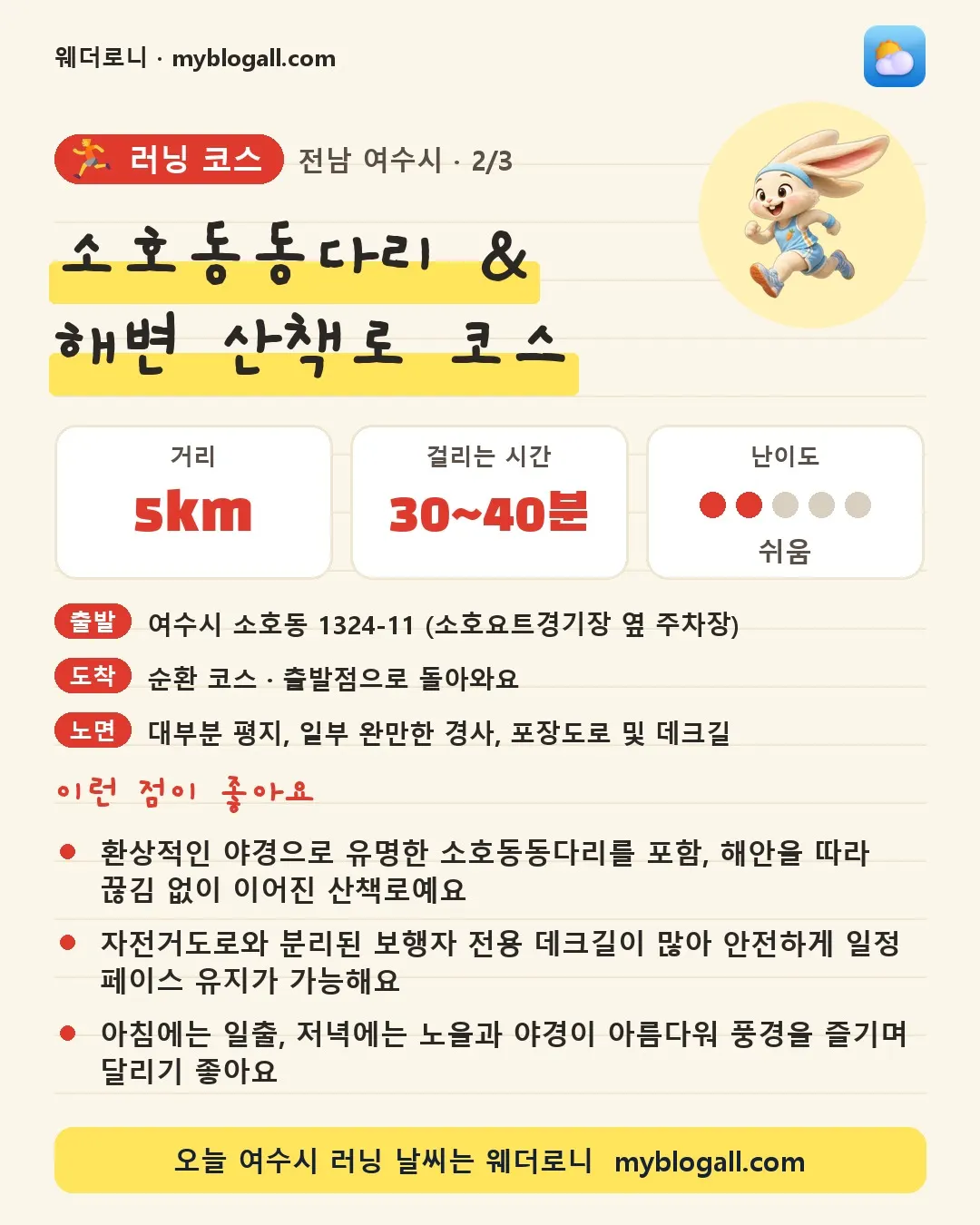 여수시 러닝 코스 · 소호동동다리 & 해변 산책로 코스 — 5km · 30~40분 · 난이도 2/5 — 환상적인 야경으로 유명한 소호동동다리를 포함, 해안을 따라 끊김 없이 이어진 산책로예요 — 자전거도로와 분리된 보행자 전용 데크길이 많아 안전하게 일정 페이스 유지가 가능해요