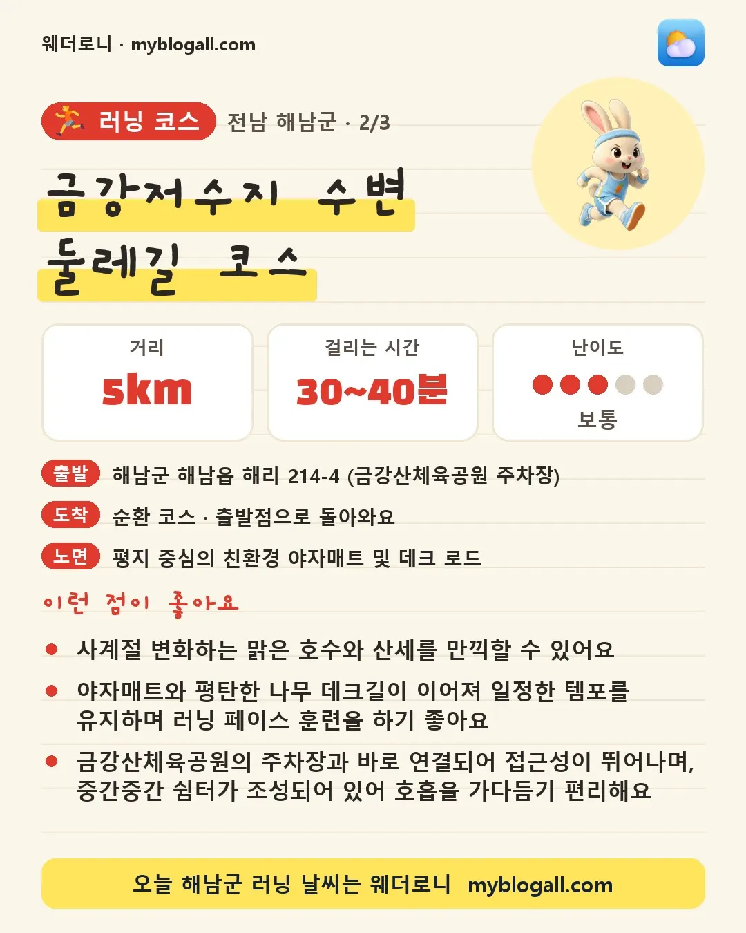 해남군 러닝 코스 · 금강저수지 수변 둘레길 코스 — 5km · 30~40분 · 난이도 3/5 — 사계절 변화하는 맑은 호수와 산세를 만끽할 수 있어요 — 야자매트와 평탄한 나무 데크길이 이어져 일정한 템포를 유지하며 러닝 페이스 훈련을 하기 좋아요