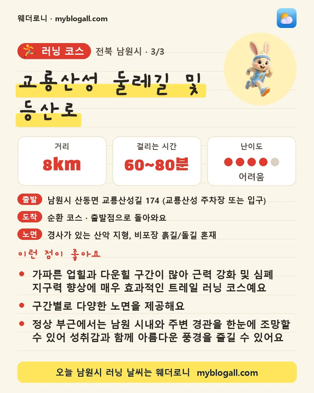 남원시 러닝 코스 · 교룡산성 둘레길 및 등산로 — 8km · 60~80분 · 난이도 4/5 — 가파른 업힐과 다운힐 구간이 많아 근력 강화 및 심폐 지구력 향상에 매우 효과적인 트레일 러닝 코스예요 — 구간별로 다양한 노면을 제공해요