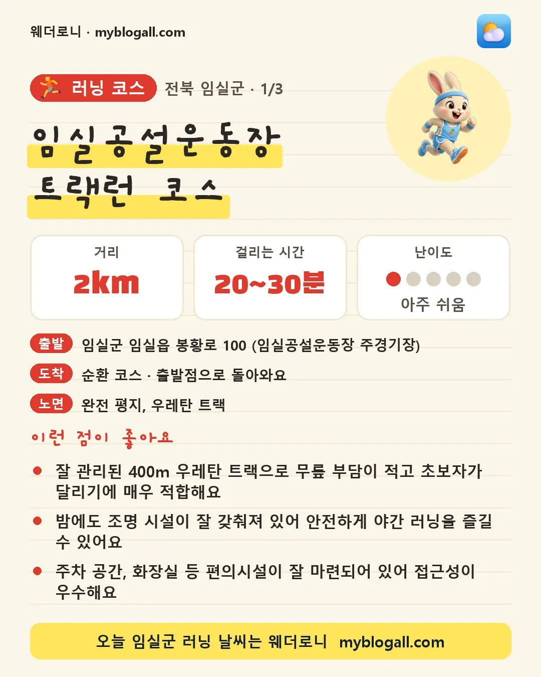 임실군 러닝 코스 · 임실공설운동장 트랙런 코스 — 2km · 20~30분 · 난이도 1/5 — 잘 관리된 400m 우레탄 트랙으로 무릎 부담이 적고 초보자가 달리기에 매우 적합해요 — 밤에도 조명 시설이 잘 갖춰져 있어 안전하게 야간 러닝을 즐길 수 있어요
