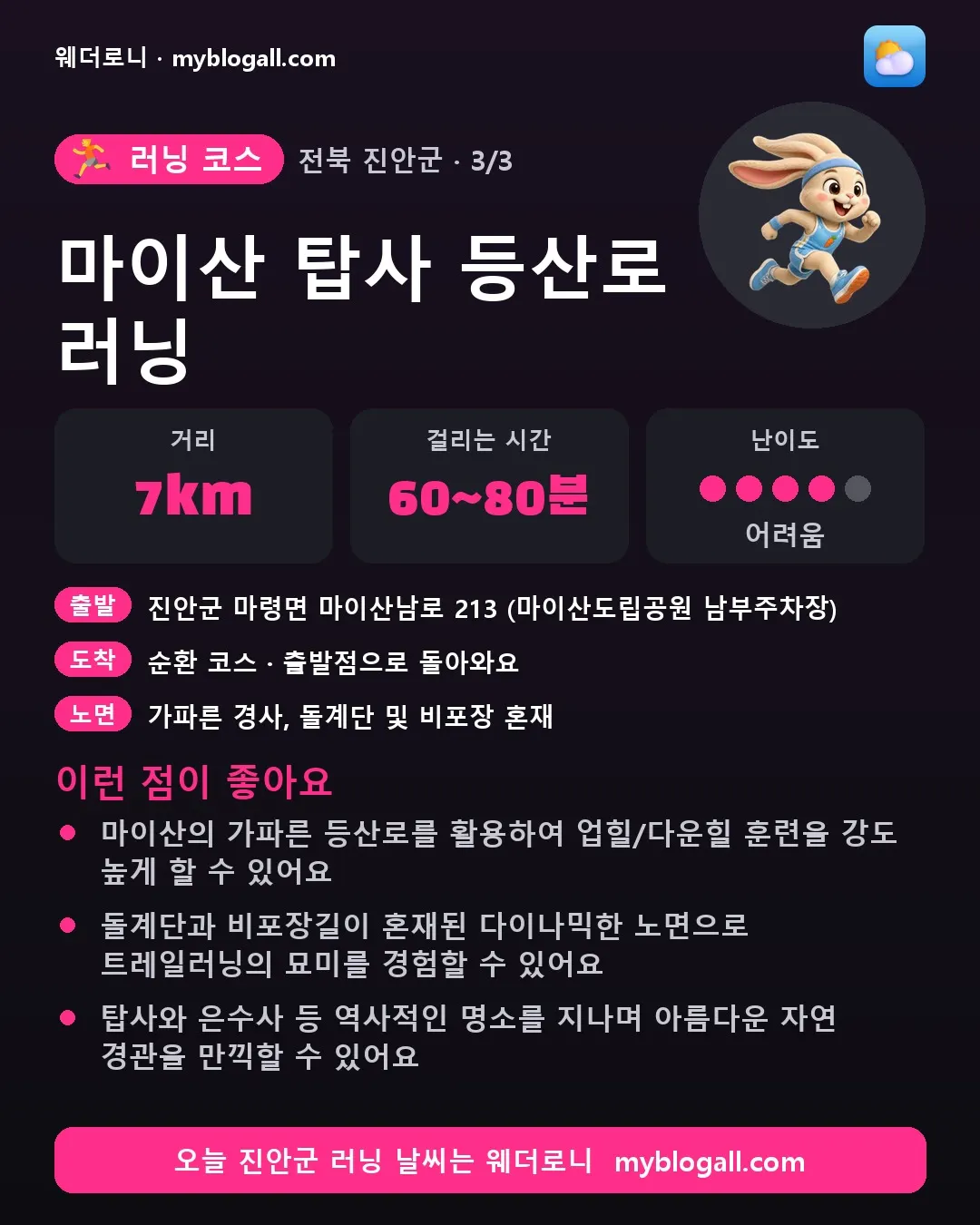 진안군 러닝 코스 · 마이산 탑사 등산로 러닝 — 7km · 60~80분 · 난이도 4/5 — 마이산의 가파른 등산로를 활용하여 업힐/다운힐 훈련을 강도 높게 할 수 있어요 — 돌계단과 비포장길이 혼재된 다이나믹한 노면으로 트레일러닝의 묘미를 경험할 수 있어요