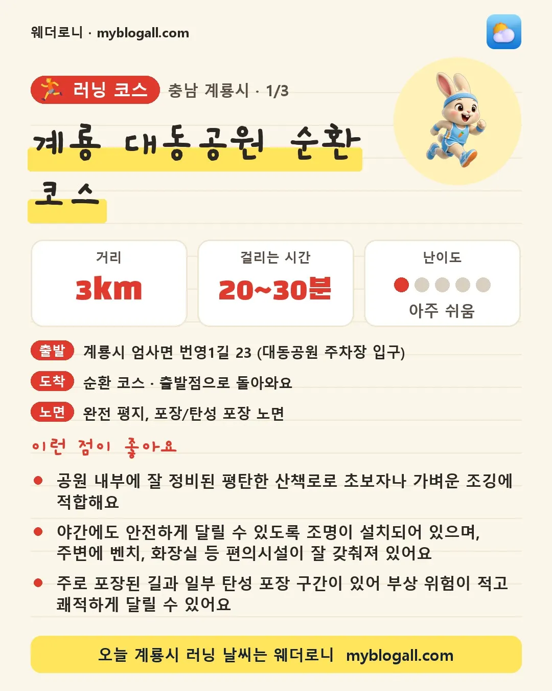 계룡시 러닝 코스 · 계룡 대동공원 순환 코스 — 3km · 20~30분 · 난이도 1/5 — 공원 내부에 잘 정비된 평탄한 산책로로 초보자나 가벼운 조깅에 적합해요 — 야간에도 안전하게 달릴 수 있도록 조명이 설치되어 있으며, 주변에 벤치, 화장실 등 편의시설이 잘 갖춰져 있어요