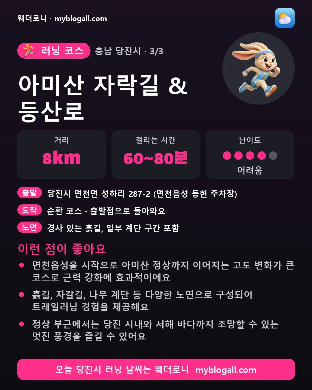 당진시 러닝 코스 · 아미산 자락길 & 등산로 — 8km · 60~80분 · 난이도 4/5 — 면천읍성을 시작으로 아미산 정상까지 이어지는 고도 변화가 큰 코스로 근력 강화에 효과적이에요 — 흙길, 자갈길, 나무 계단 등 다양한 노면으로 구성되어 트레일러닝 경험을 제공해요