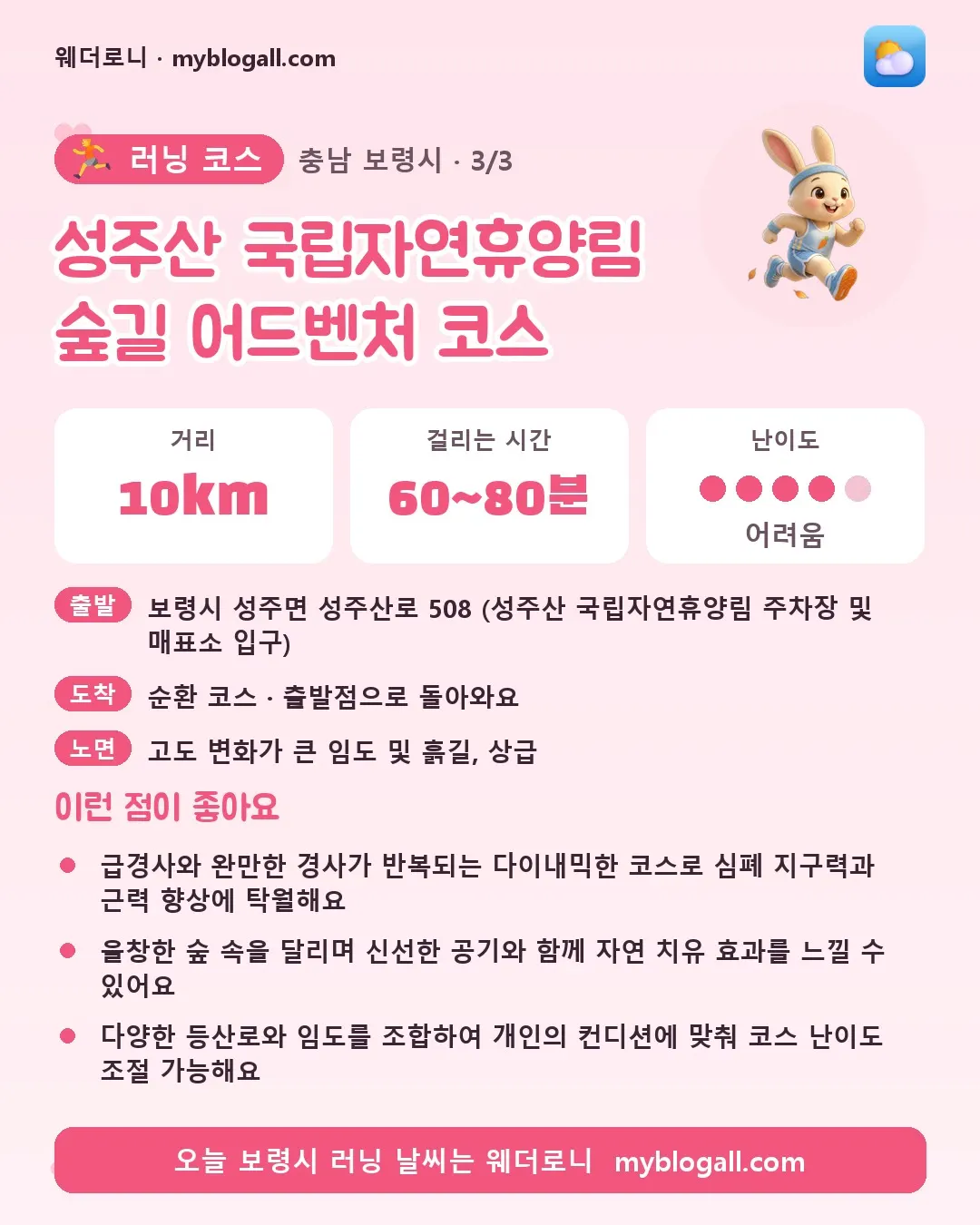 보령시 러닝 코스 · 성주산 국립자연휴양림 숲길 어드벤처 코스 — 10km · 60~80분 · 난이도 4/5 — 급경사와 완만한 경사가 반복되는 다이내믹한 코스로 심폐 지구력과 근력 향상에 탁월해요 — 울창한 숲 속을 달리며 신선한 공기와 함께 자연 치유 효과를 느낄 수 있어요